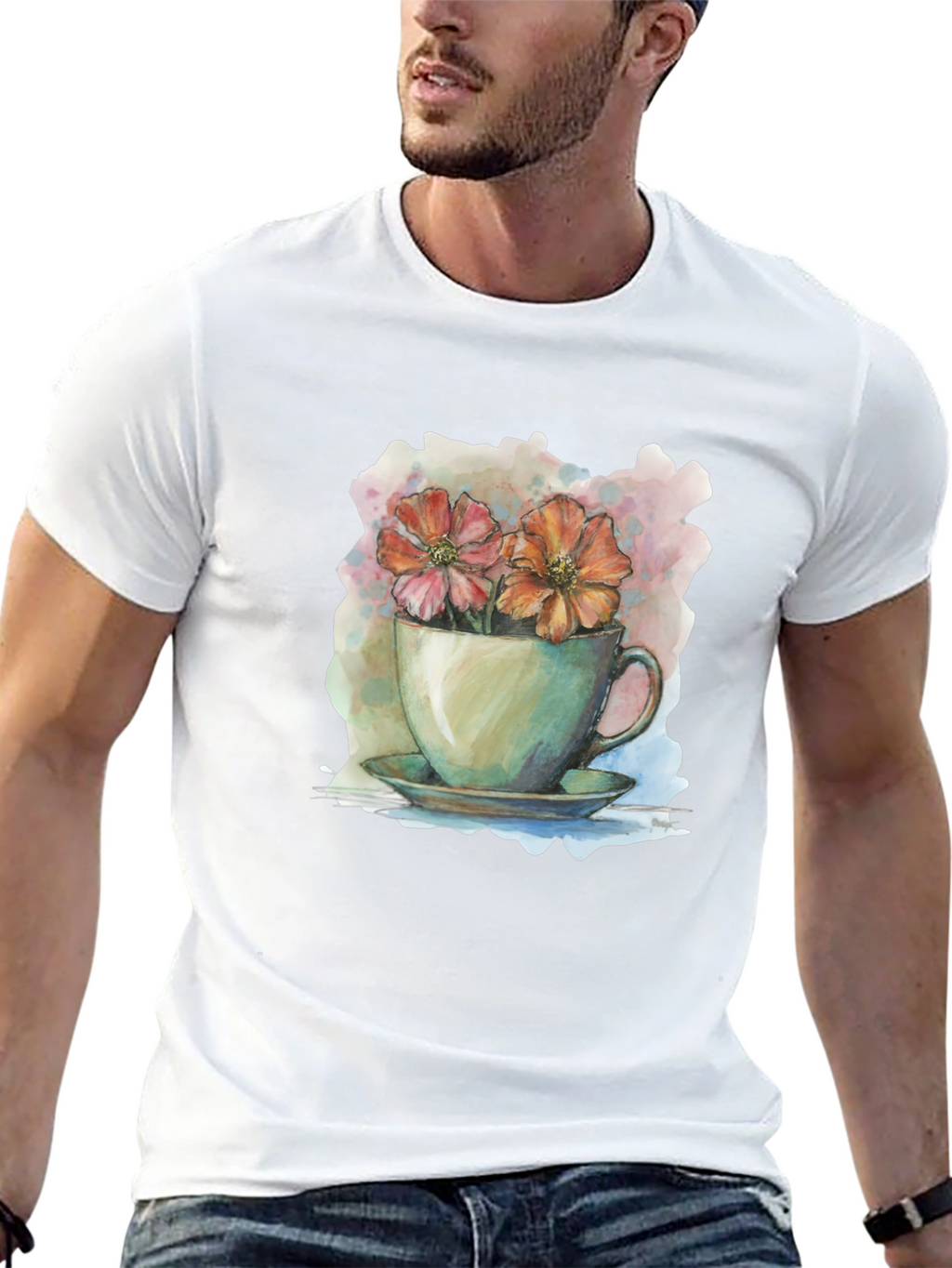 Floral Teacup Graphic Tee - Artistic Casual Wear