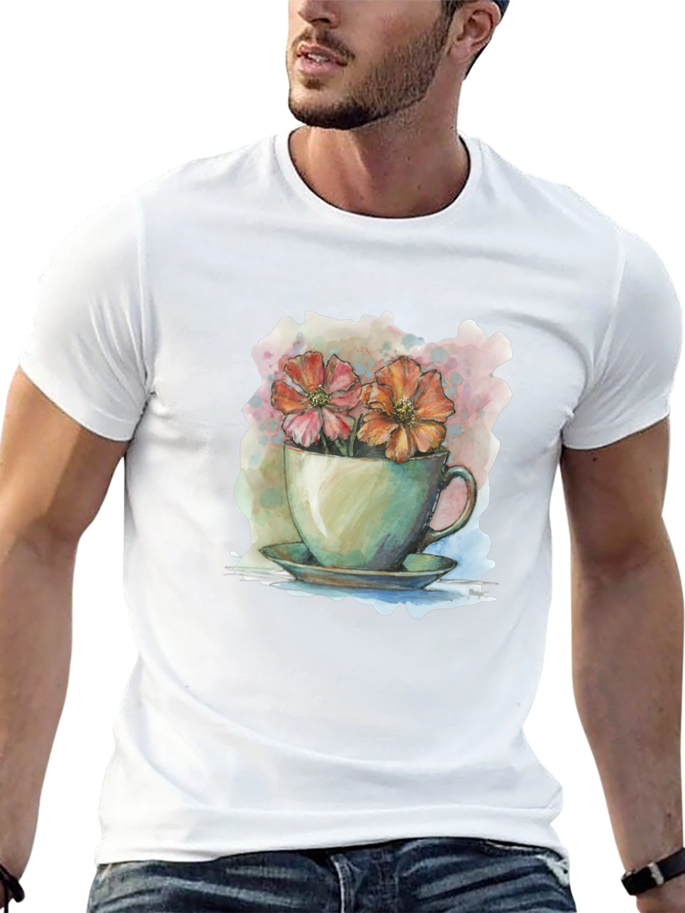 Floral Teacup Graphic Tee - Artistic Casual Wear