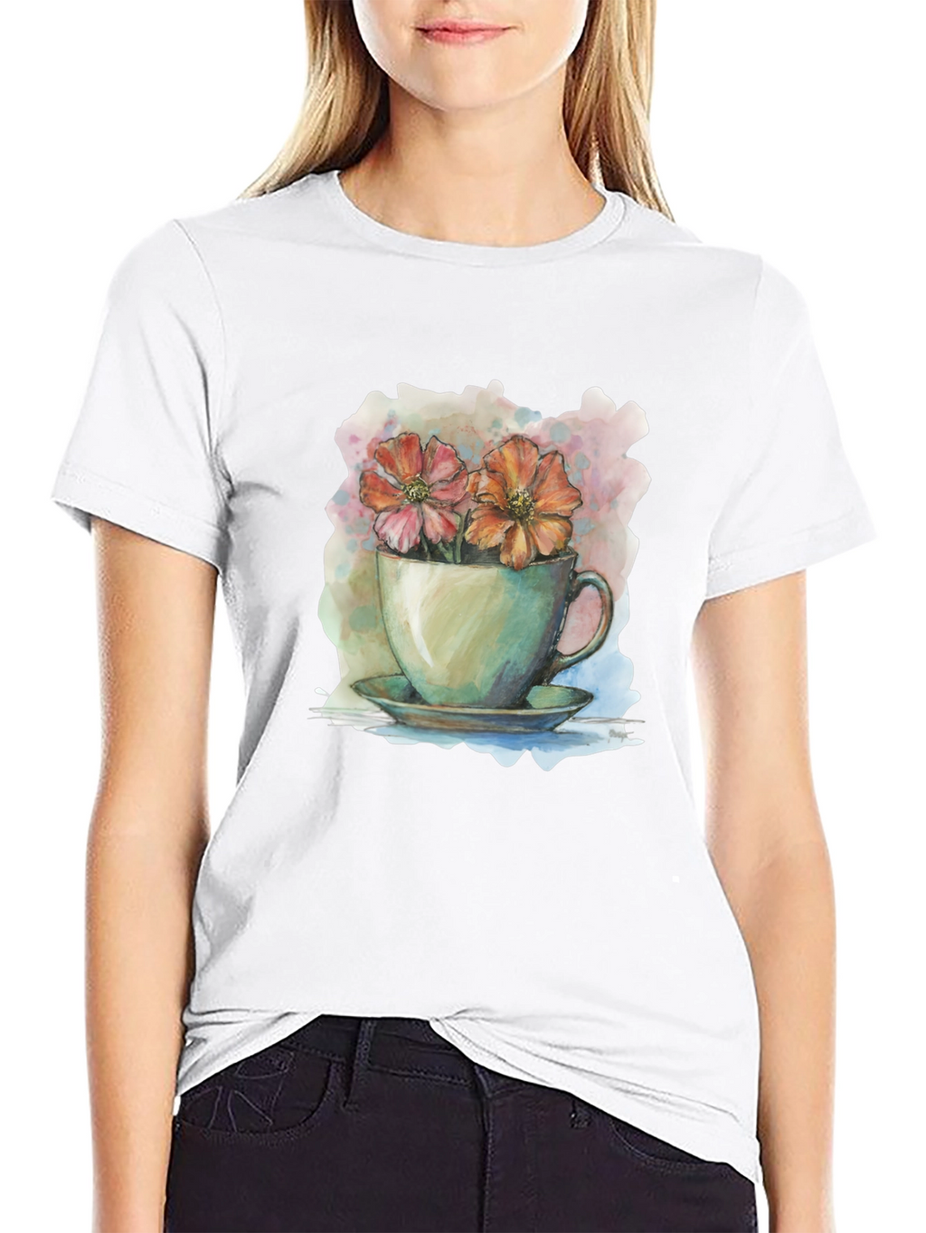 Floral Teacup Graphic Tee - Artistic Casual Wear