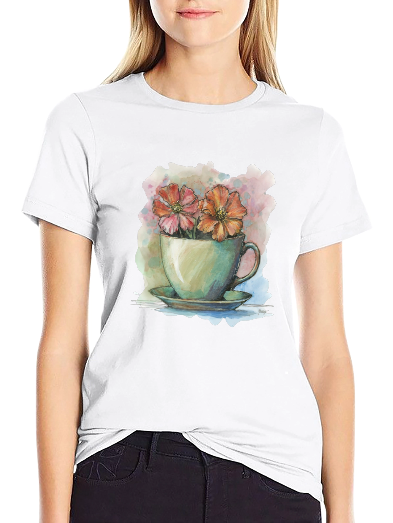 Floral Teacup Graphic Tee - Artistic Casual Wear