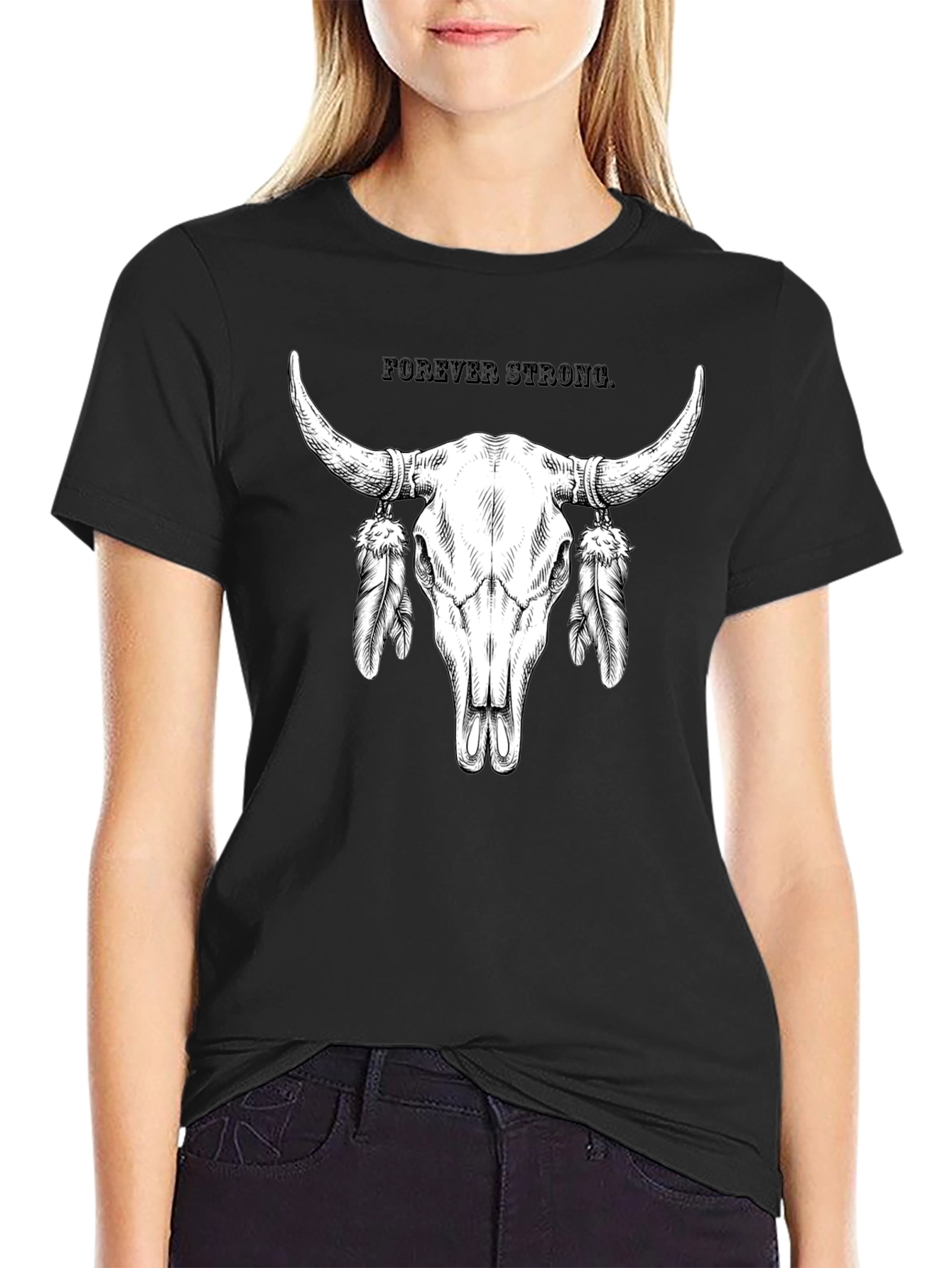 Forever Strong Bull Skull Feather Graphic Tee