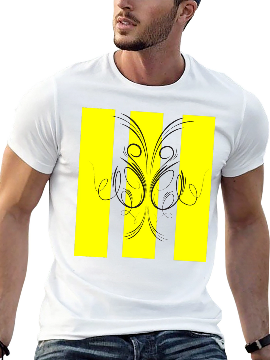 Black T-Shirt with Yellow Stripe Design