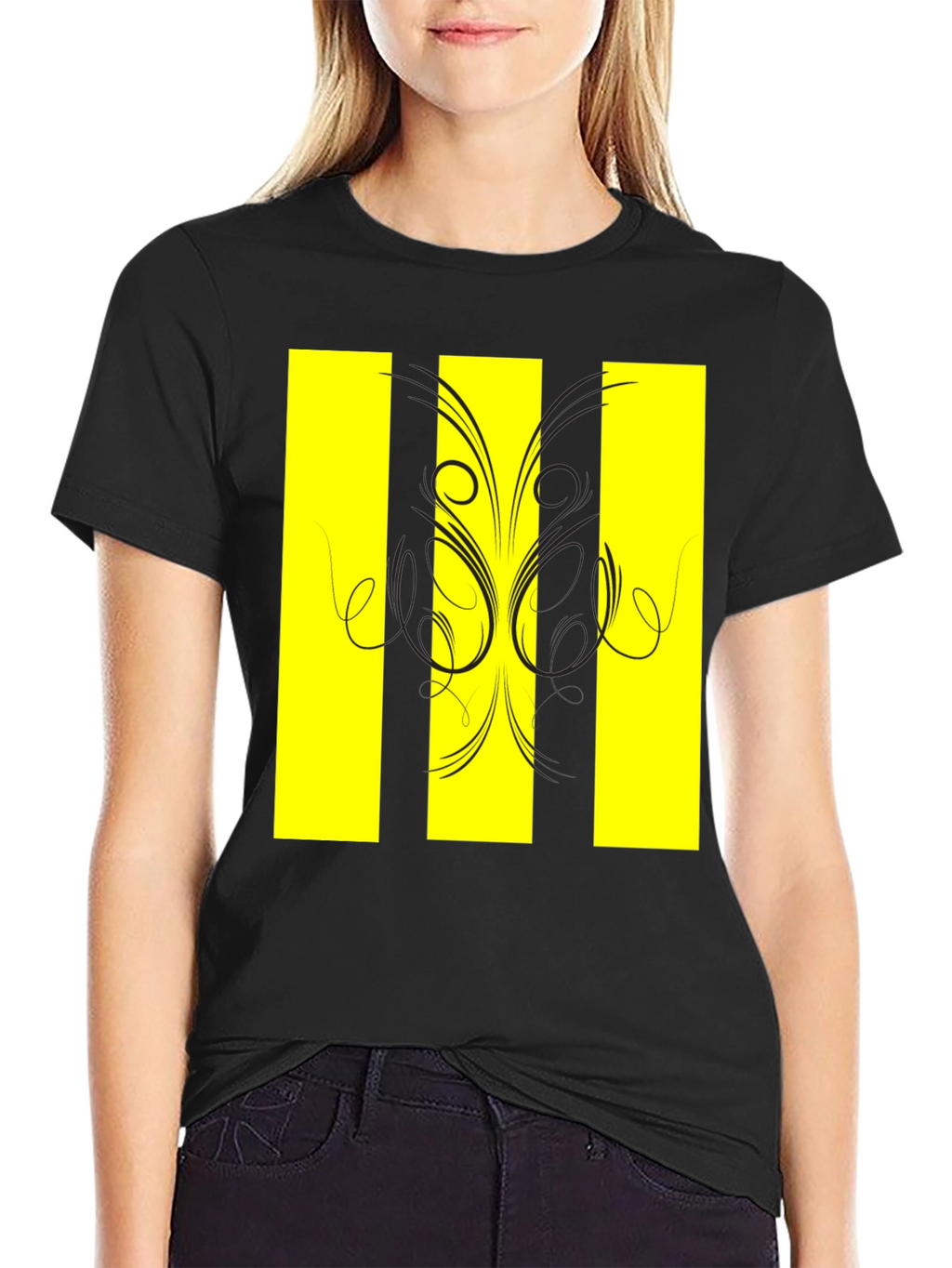 Black T-Shirt with Yellow Stripe Design