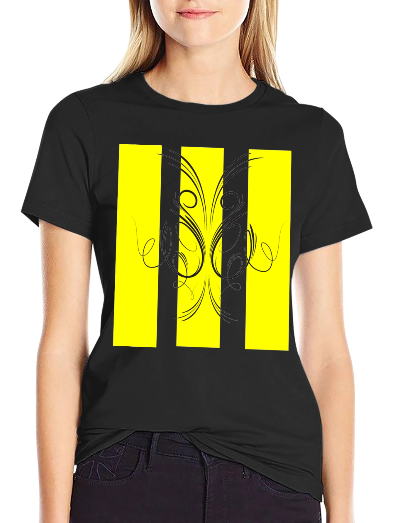 Black T-Shirt with Yellow Stripe Design