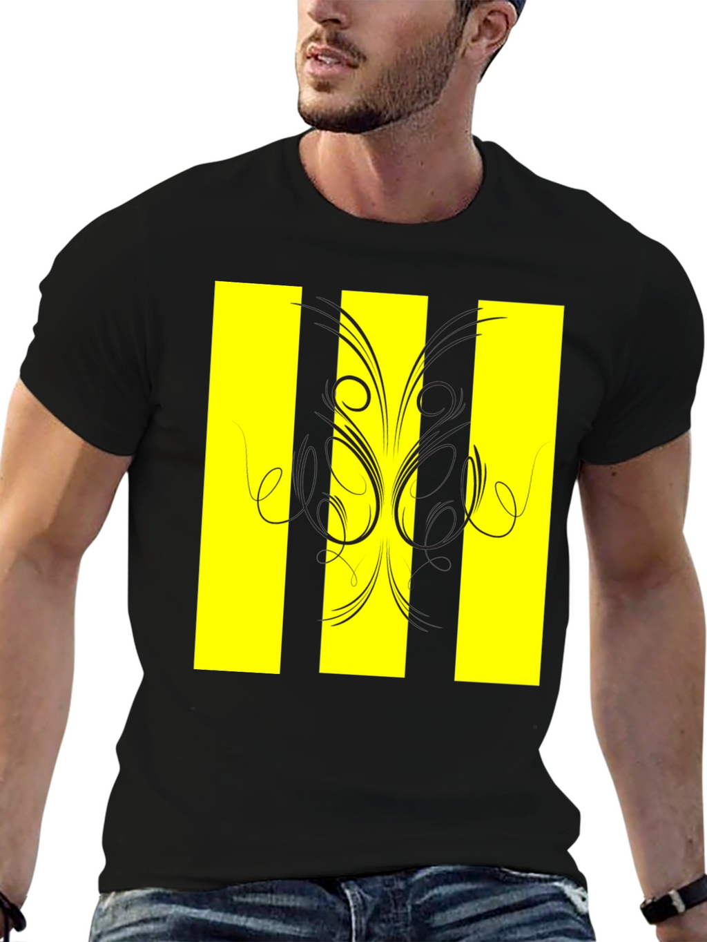 Black T-Shirt with Yellow Stripe Design