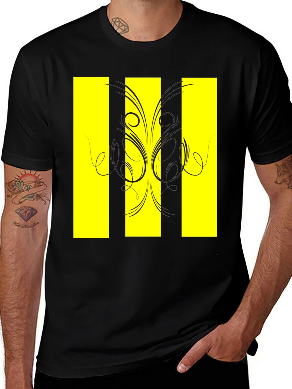 Black T-Shirt with Yellow Stripe Design