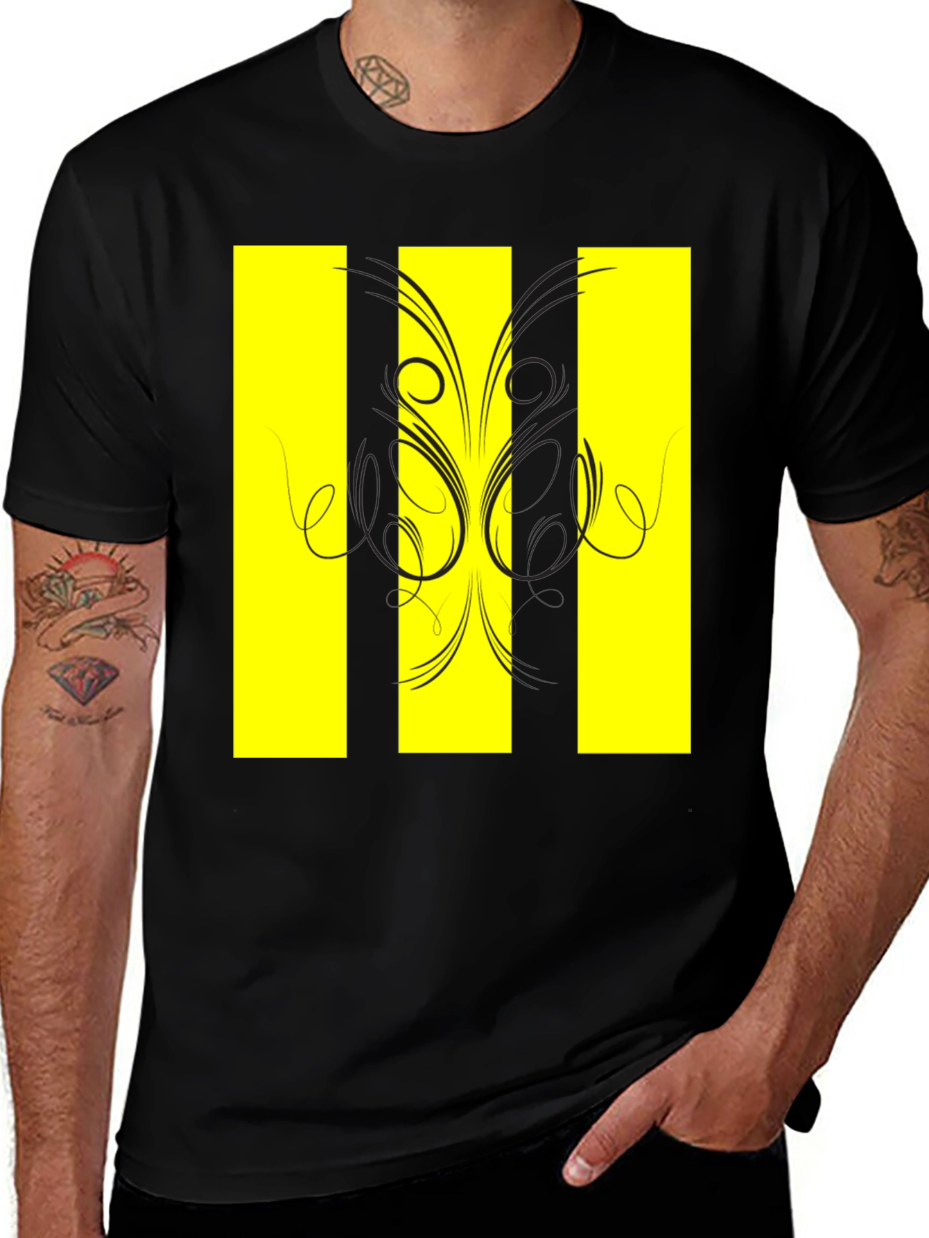 Black T-Shirt with Yellow Stripe Design