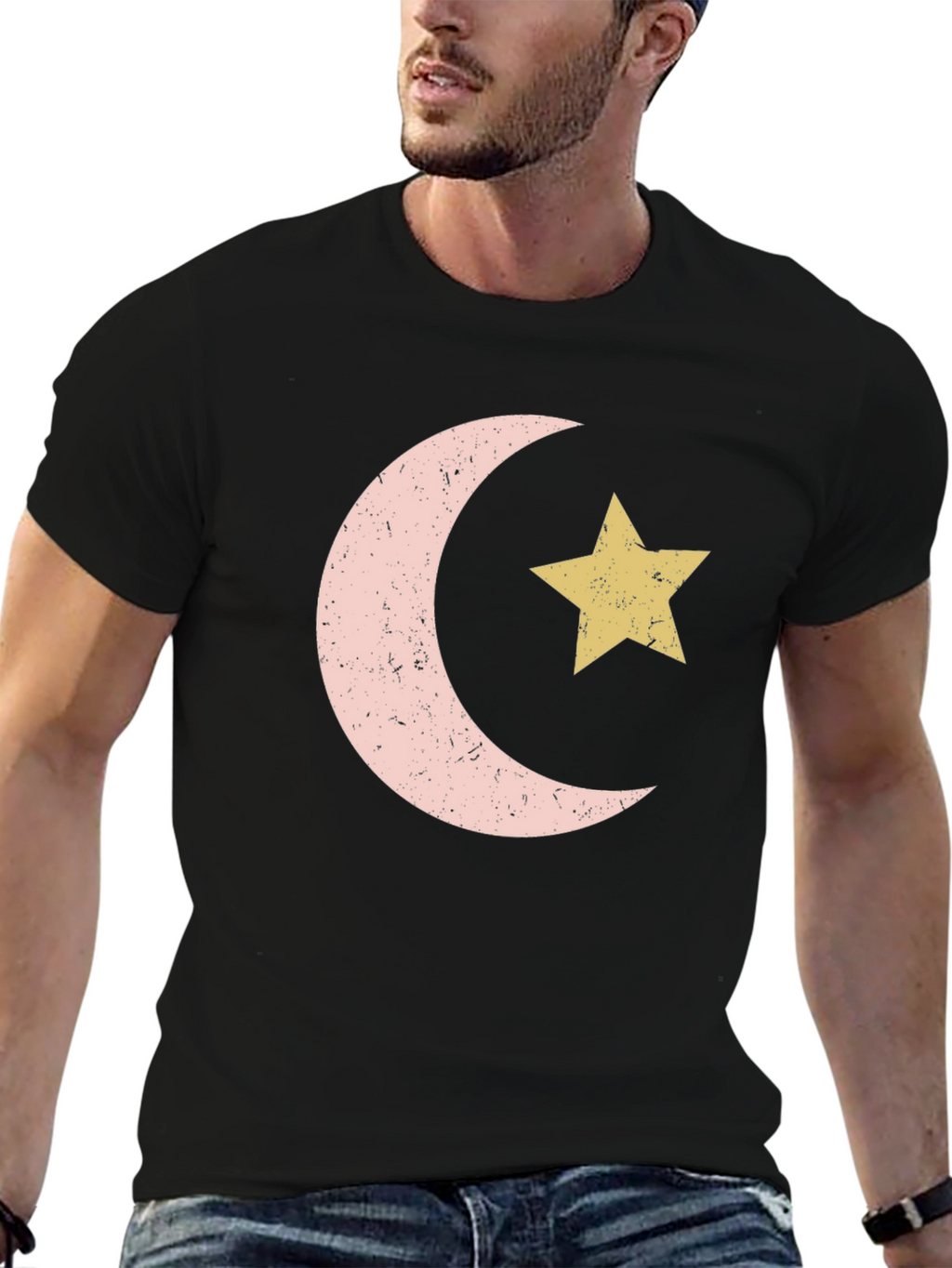 Crescent Moon and Star Graphic Tee - Black