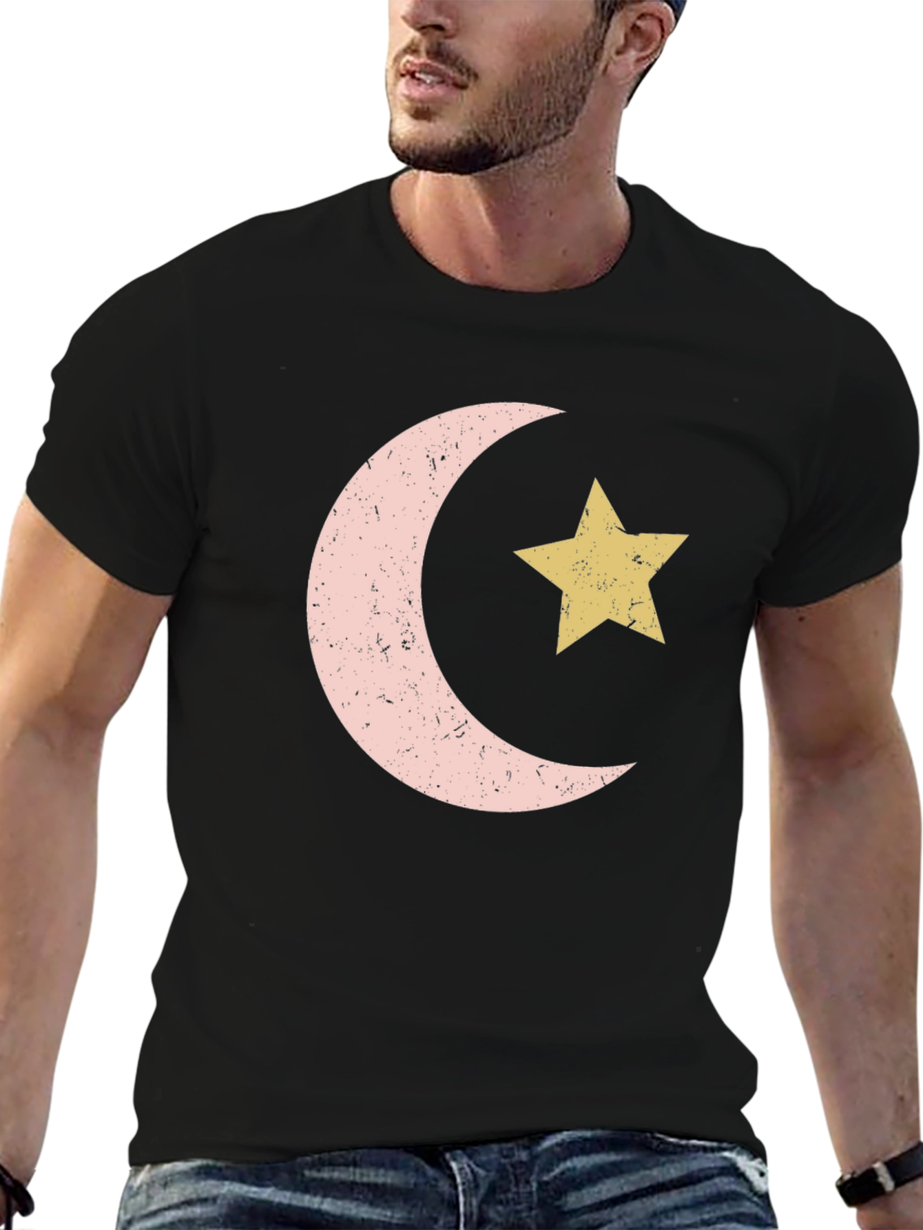 Crescent Moon and Star Graphic Tee - Black