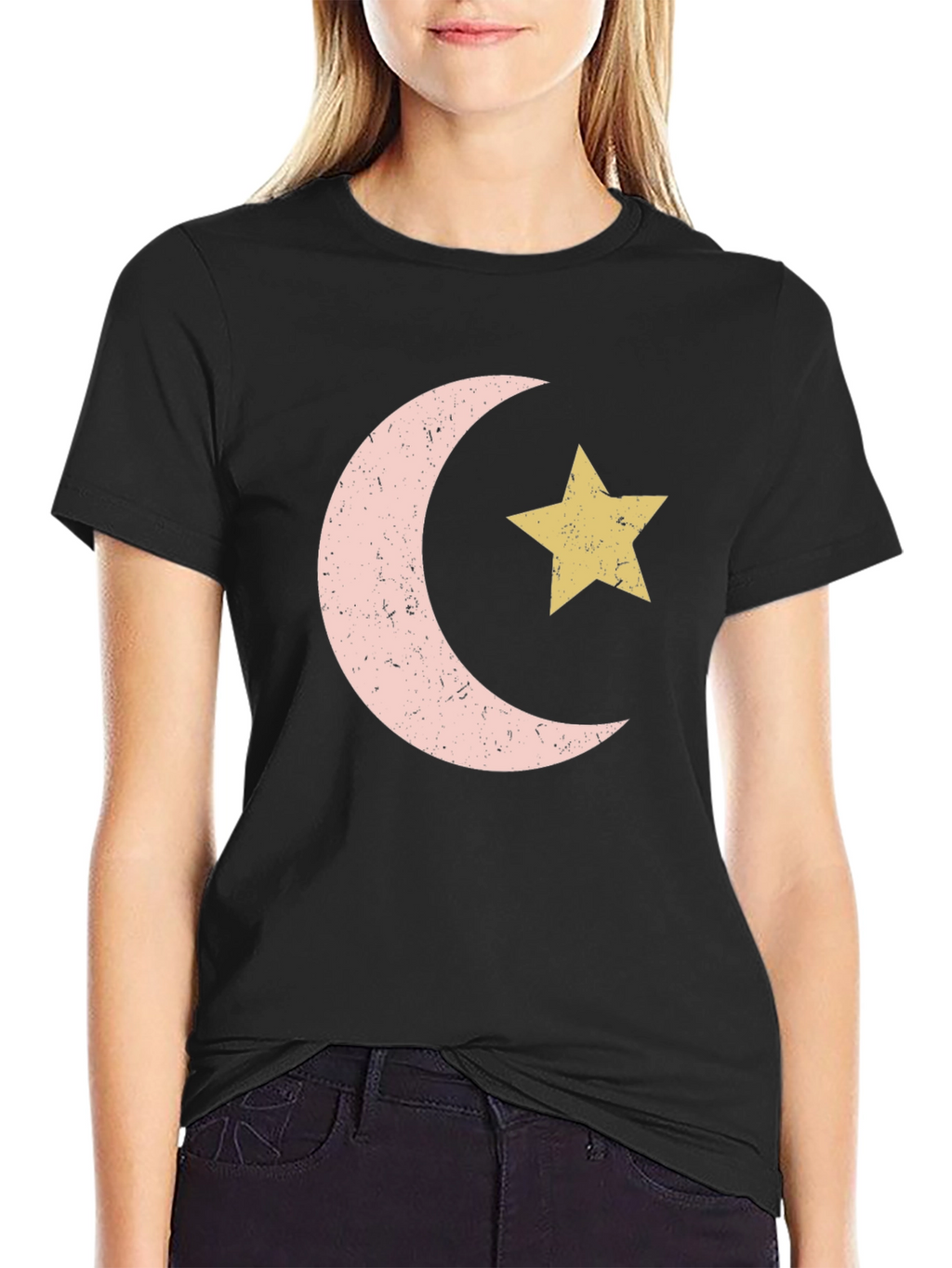 Crescent Moon and Star Graphic Tee - Black