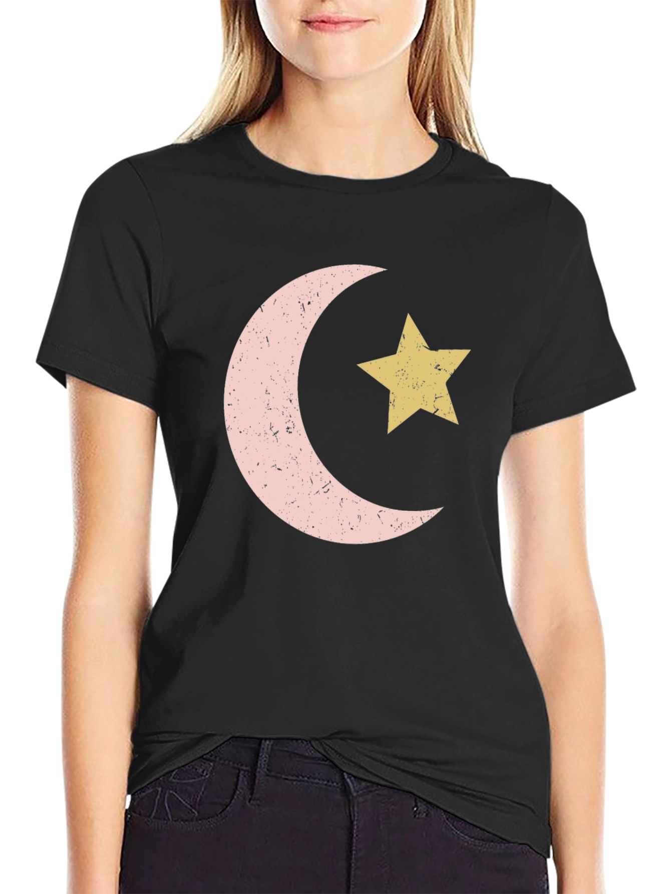 Crescent Moon and Star Graphic Tee - Black