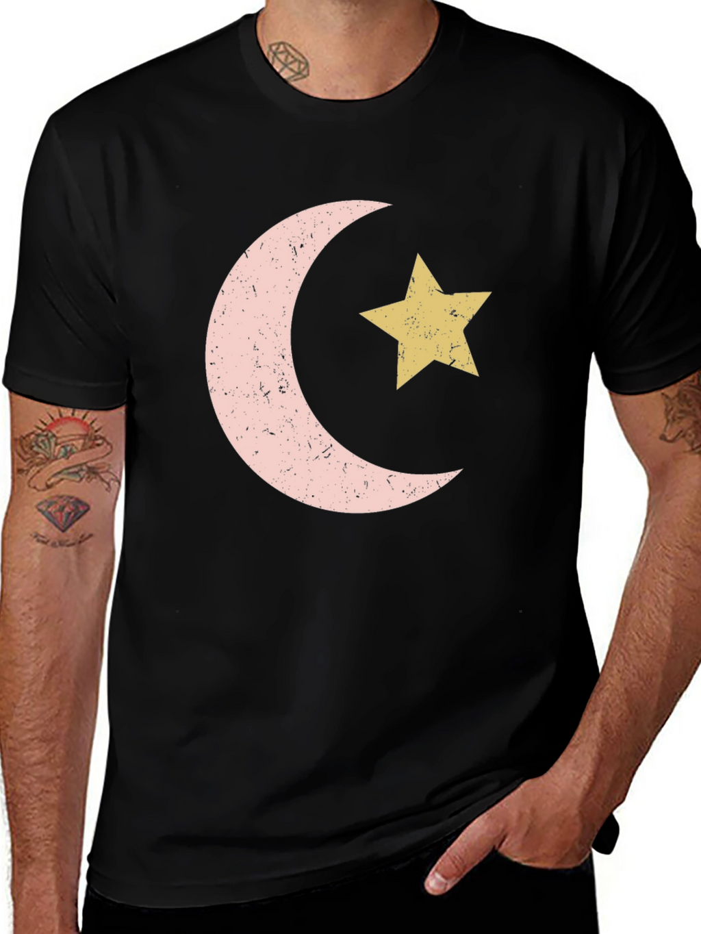 Crescent Moon and Star Graphic Tee - Black
