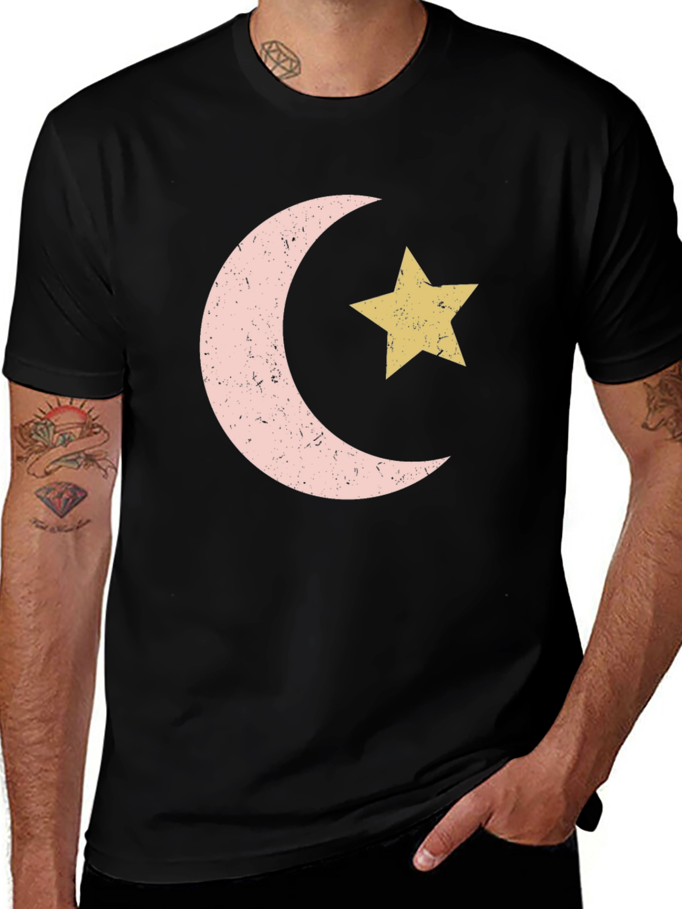 Crescent Moon and Star Graphic Tee - Black