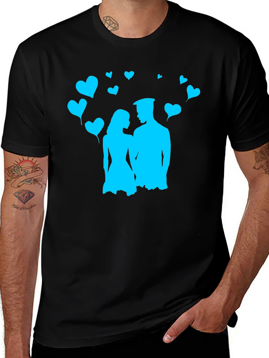 Couples Love T-Shirt - Black with Blue Heart Design