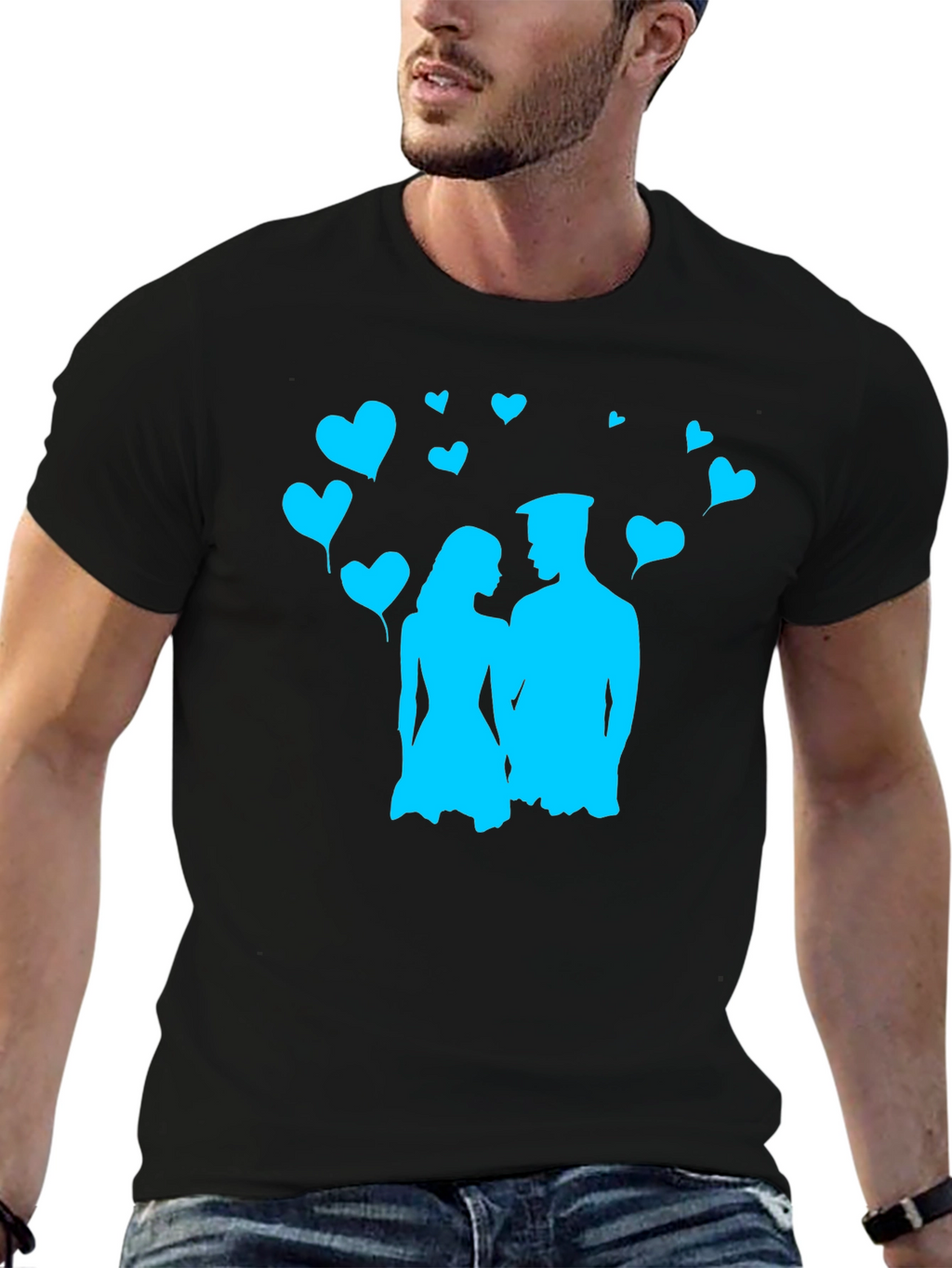 Couples Love T-Shirt - Black with Blue Heart Design