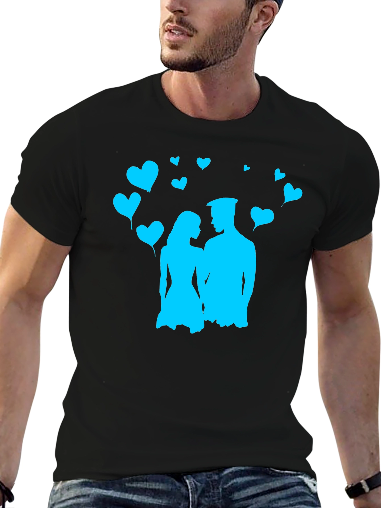 Couples Love T-Shirt - Black with Blue Heart Design