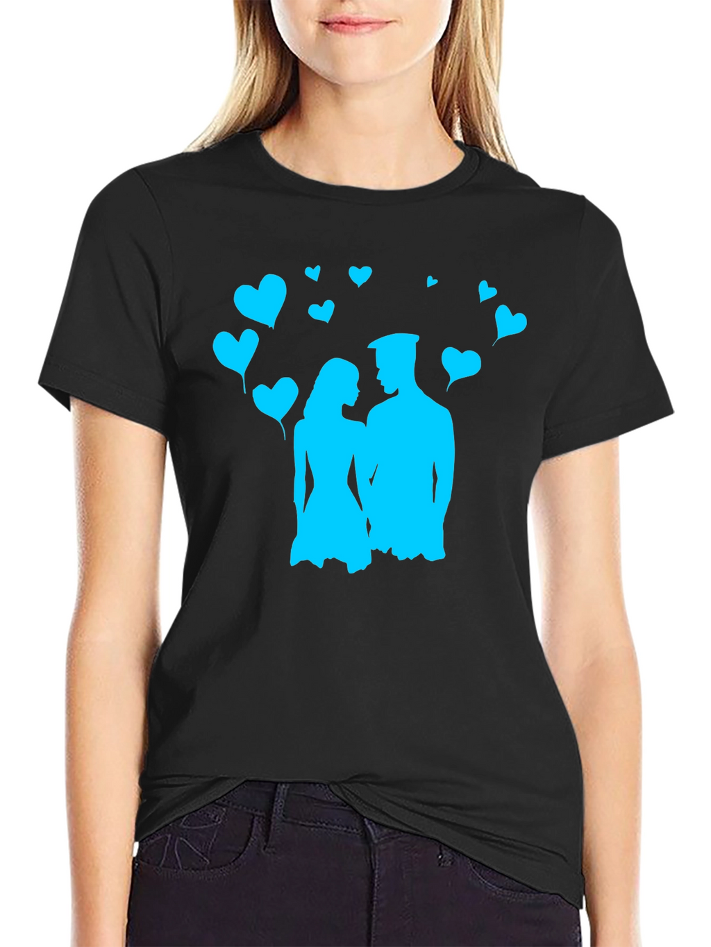 Couples Love T-Shirt - Black with Blue Heart Design