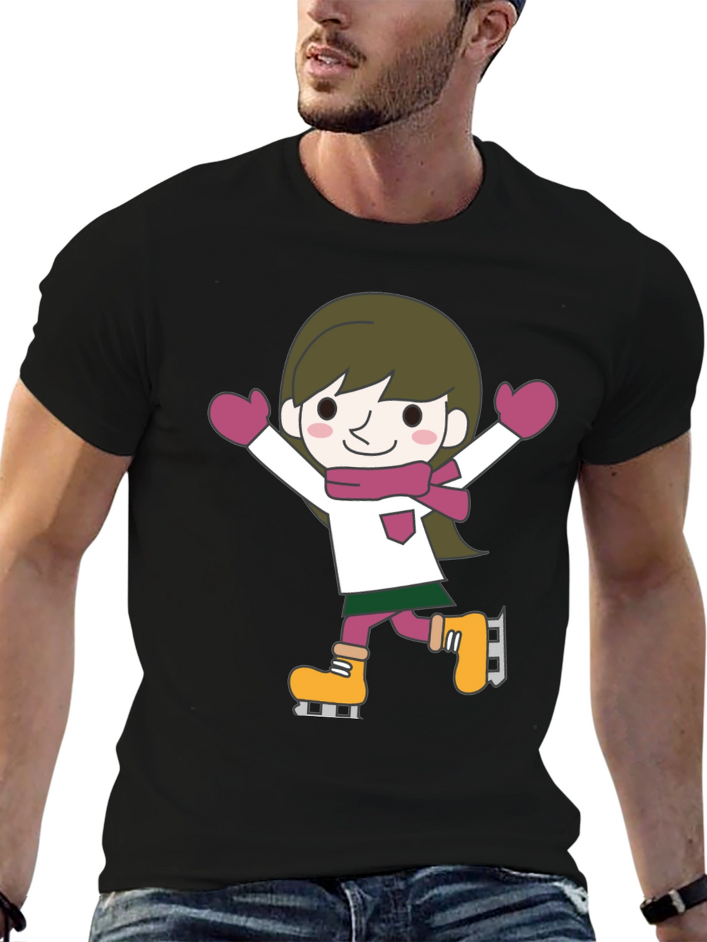 Cute Cartoon Skater Graphic Tee - Black