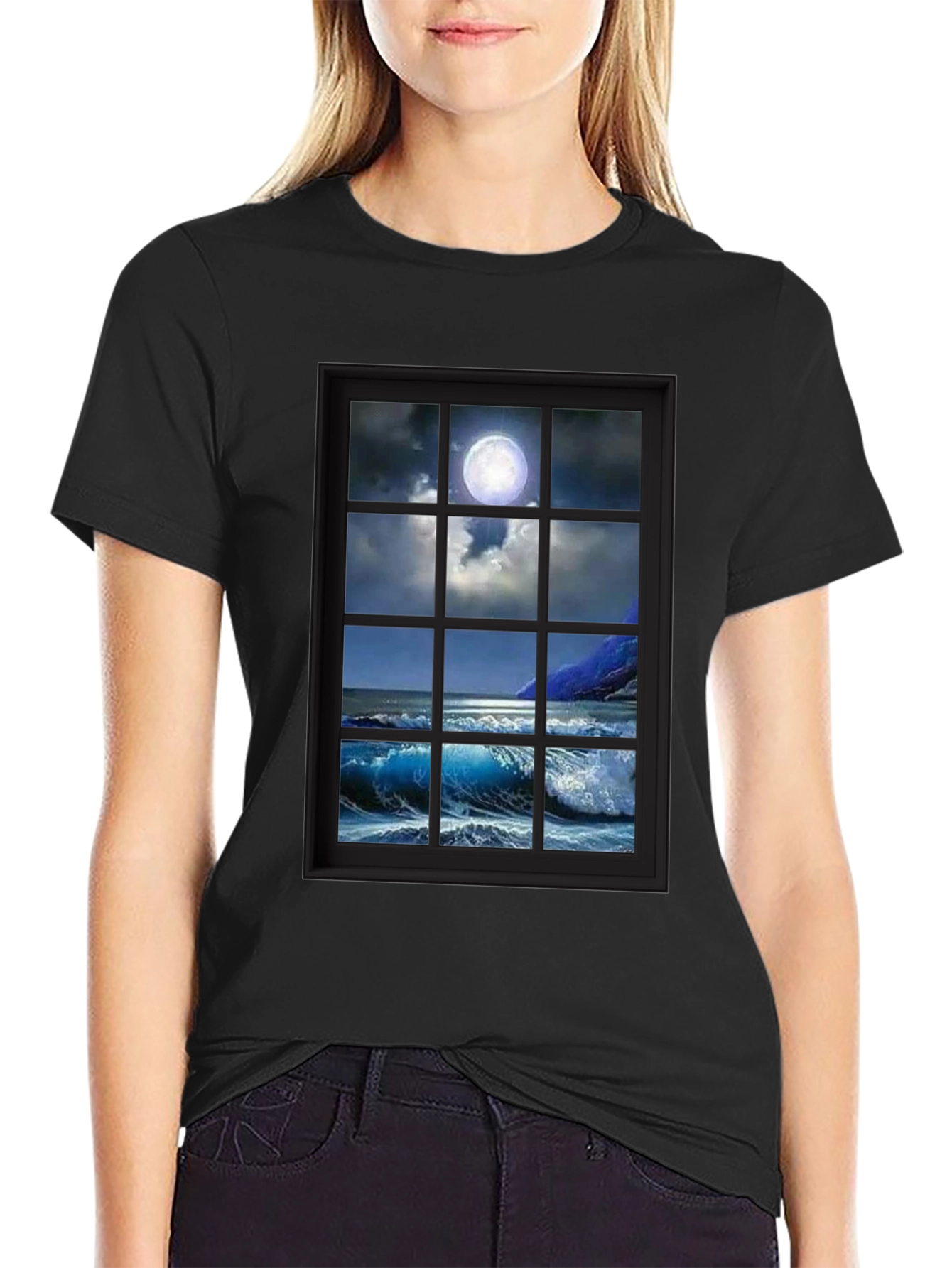 Moonlit Ocean View T-Shirt - Black