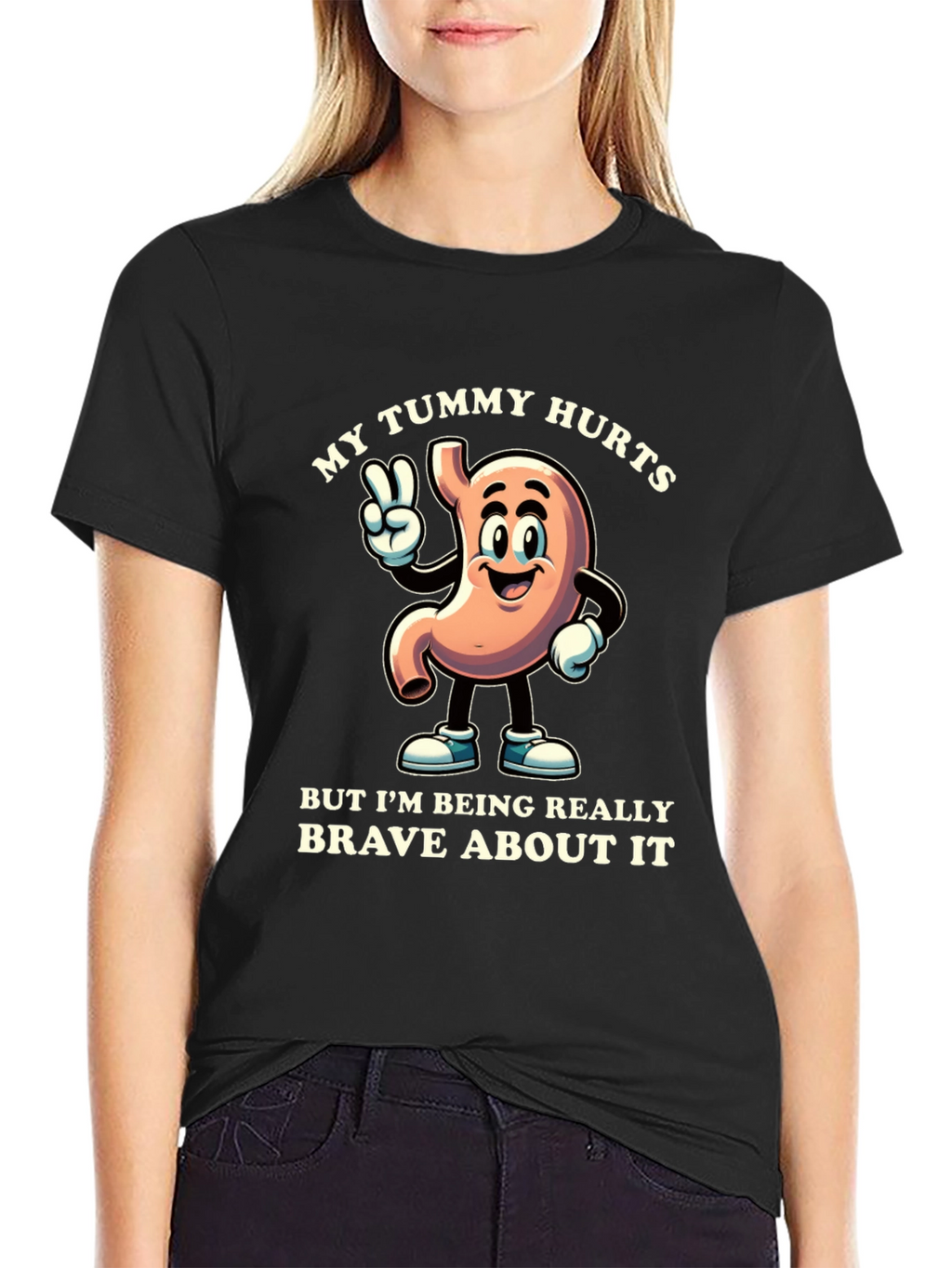 My Tummy Hurts Brave Cartoon Stomach Black T-Shirt