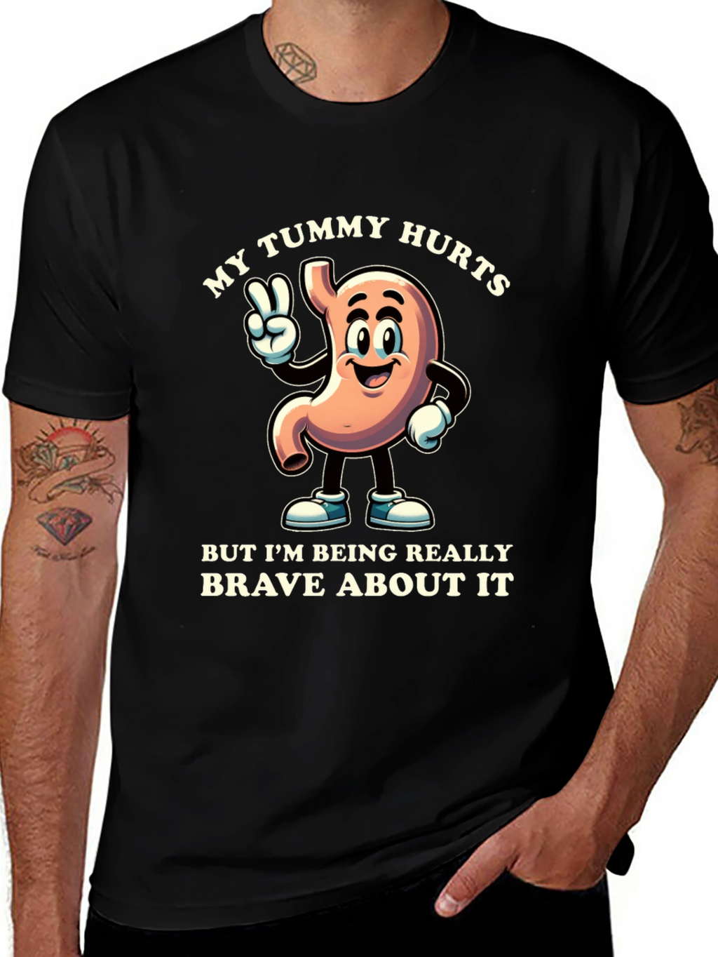 My Tummy Hurts Brave Cartoon Stomach Black T-Shirt