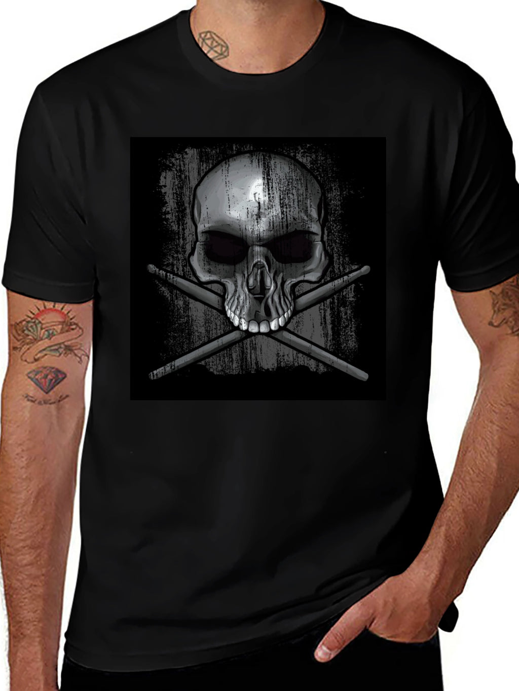 Skull & Drumsticks Graphic T-Shirt - Black