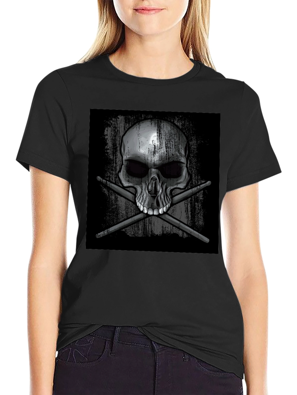 Skull & Drumsticks Graphic T-Shirt - Black