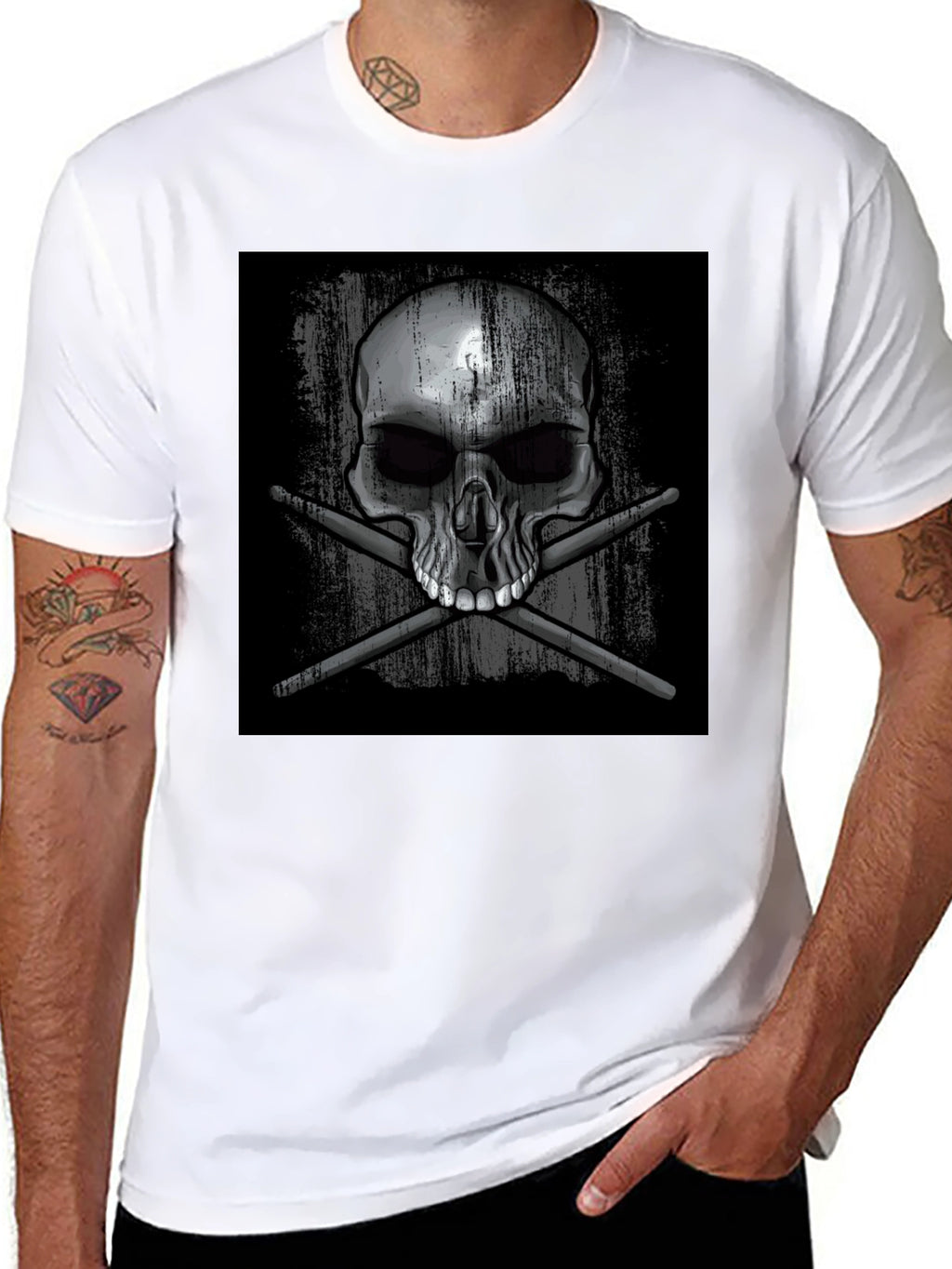 Skull & Drumsticks Graphic T-Shirt - Black