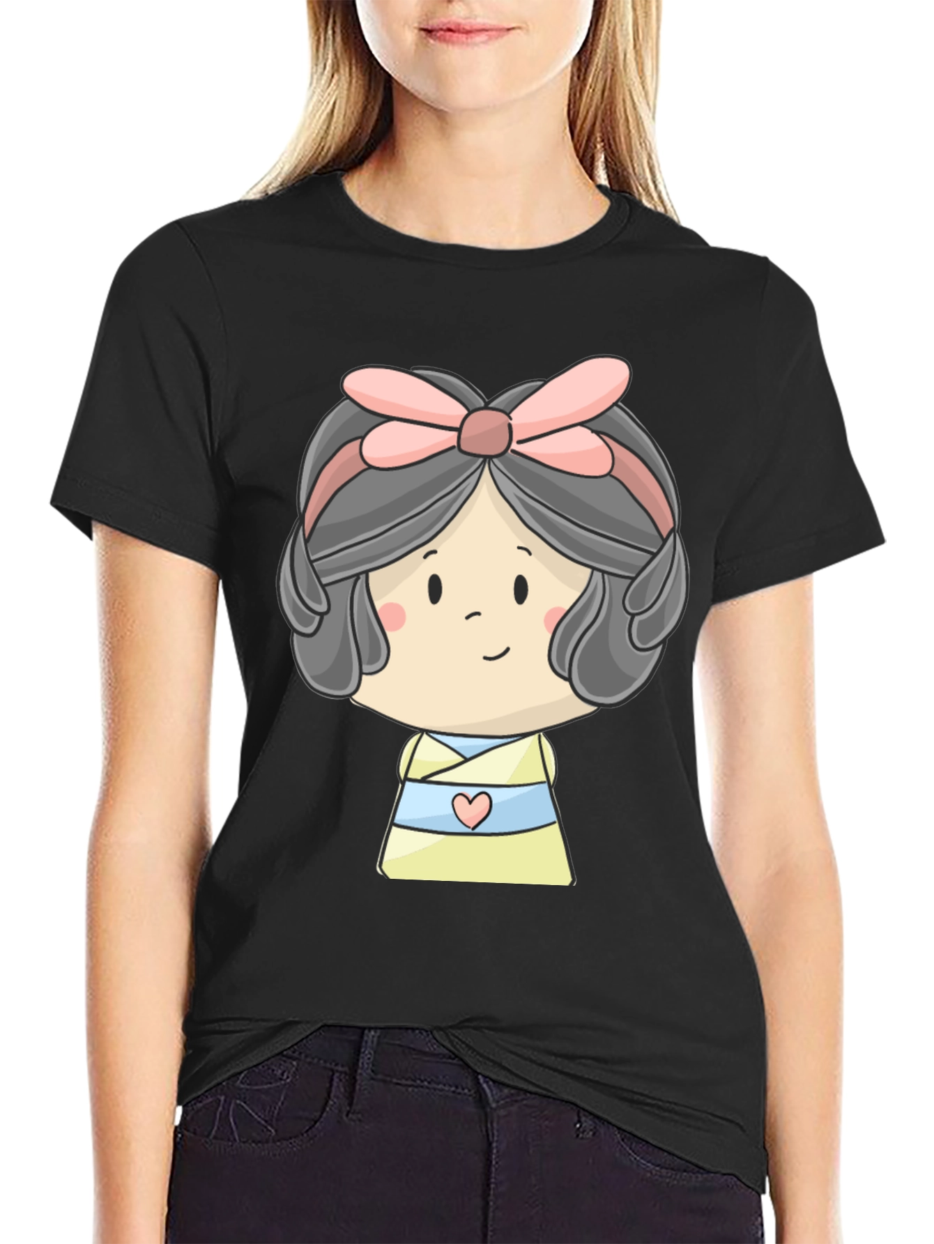 Cute Cartoon Girl Graphic Black T-Shirt