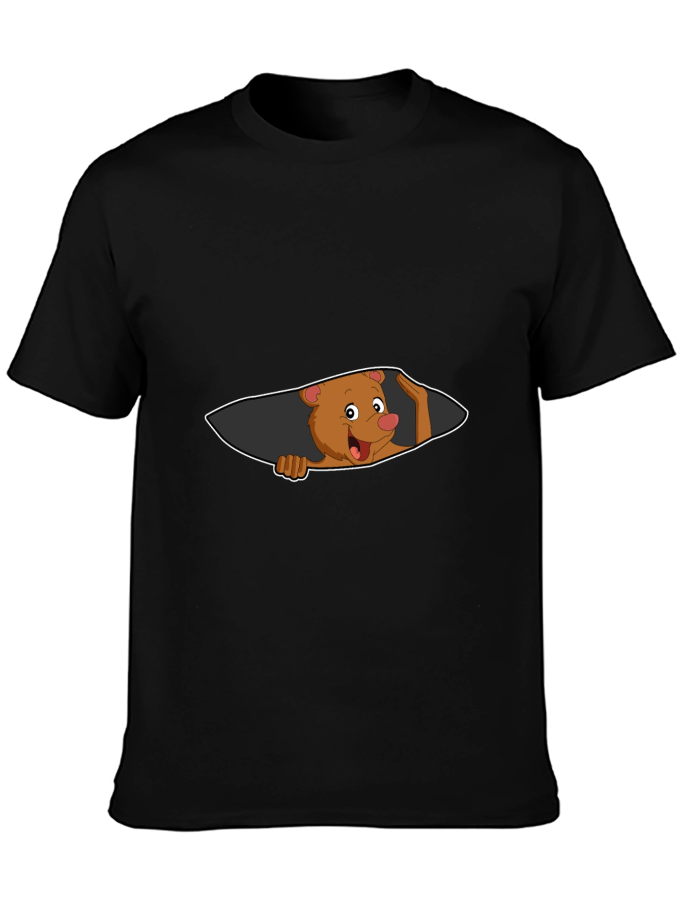 Cartoon Bear Peeking Mens Black T-Shirt