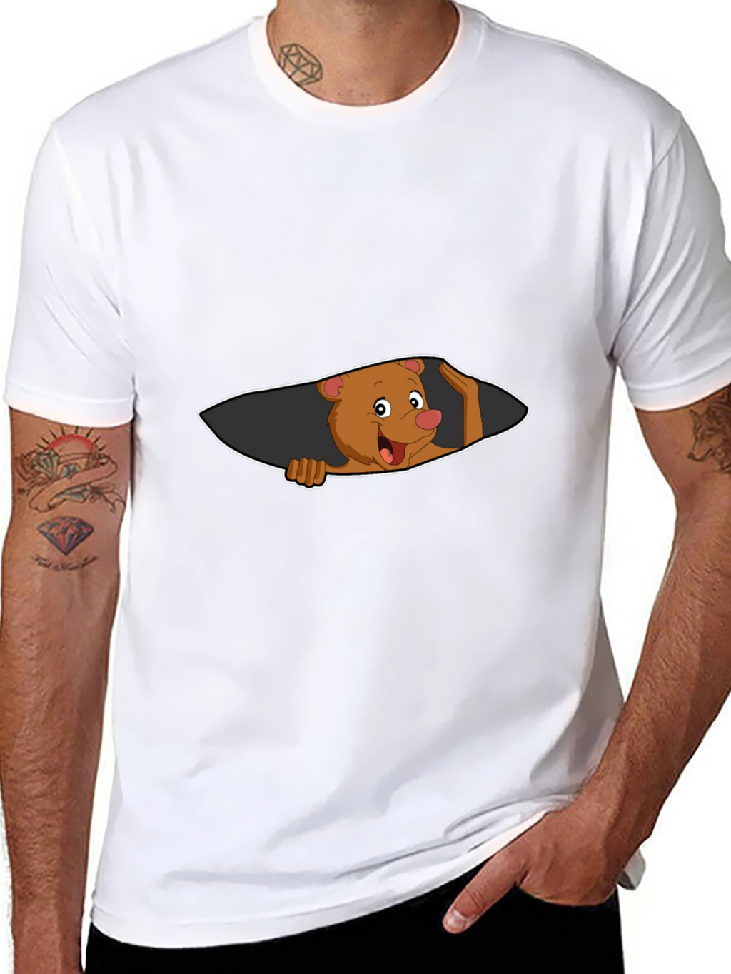 Cartoon Bear Peeking Mens Black T-Shirt