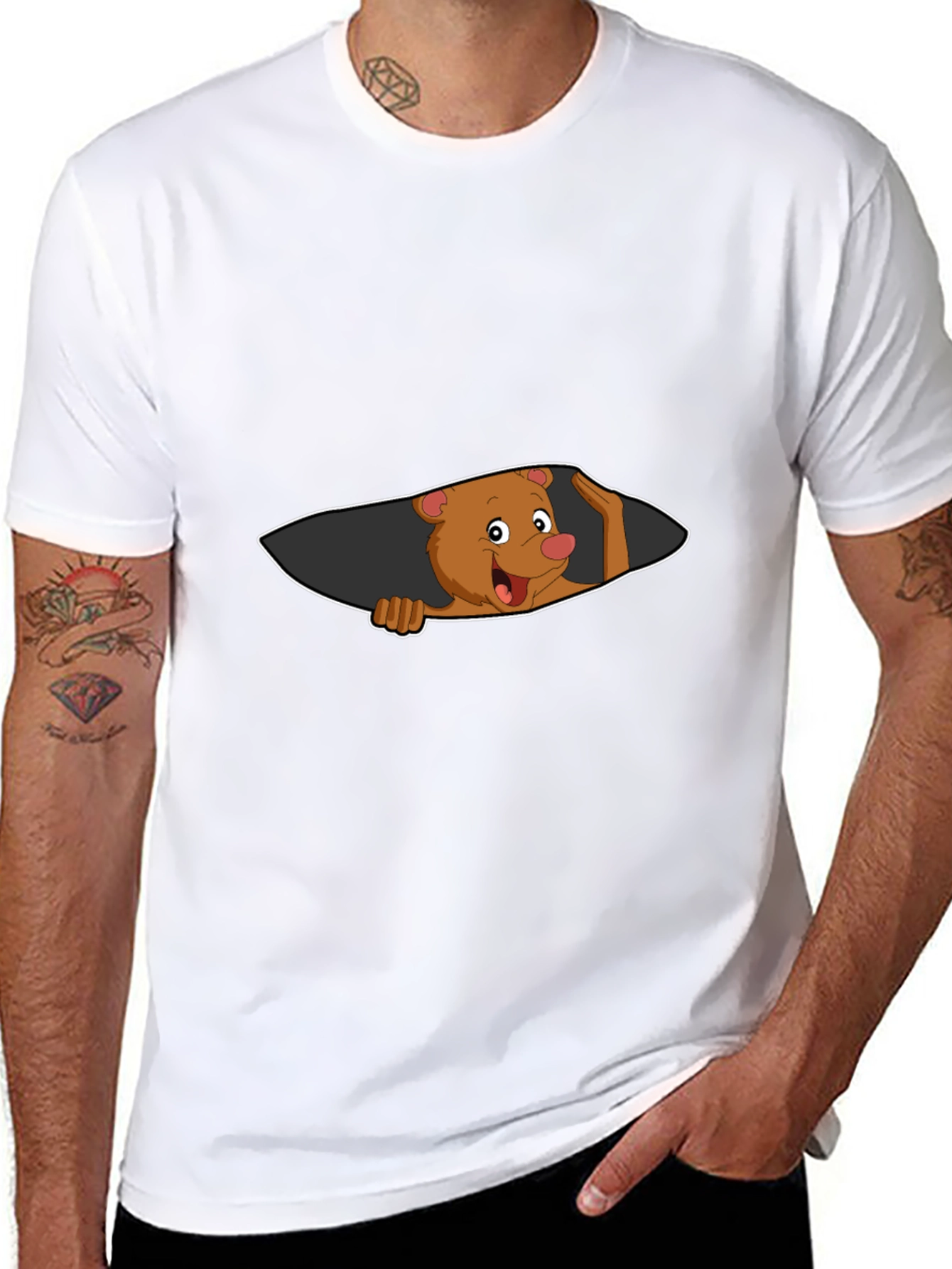 Cartoon Bear Peeking Mens Black T-Shirt