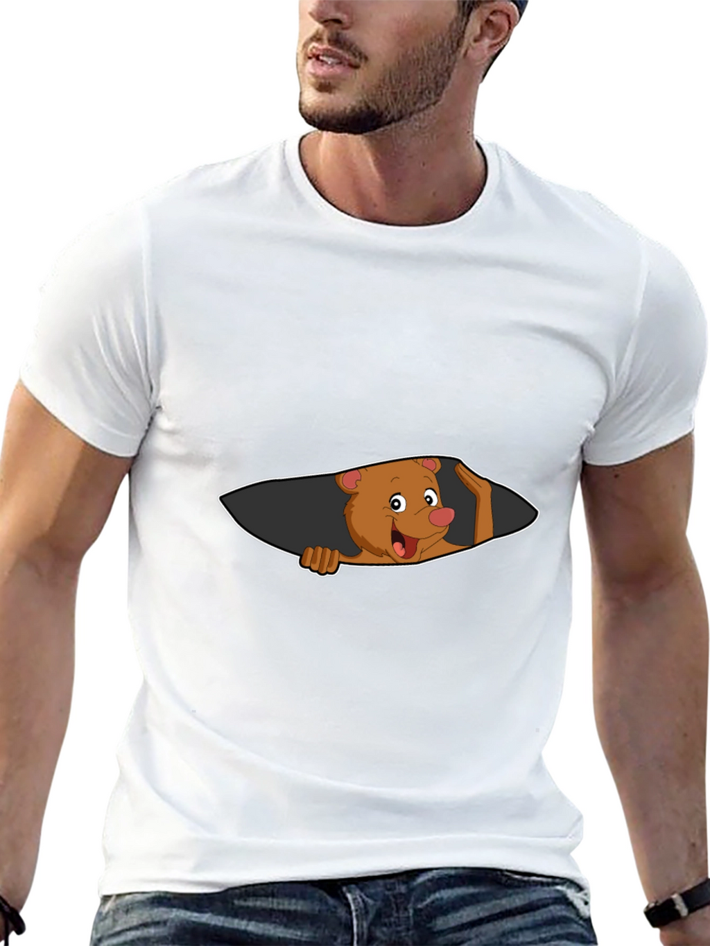 Cartoon Bear Peeking Mens Black T-Shirt