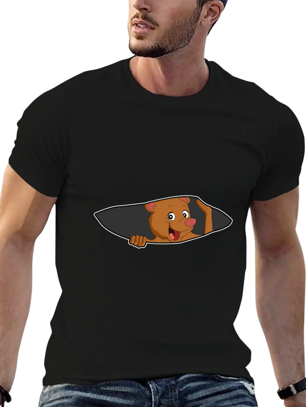 Cartoon Bear Peeking Mens Black T-Shirt
