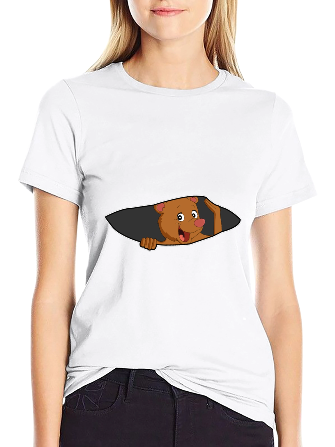 Cartoon Bear Peeking Mens Black T-Shirt