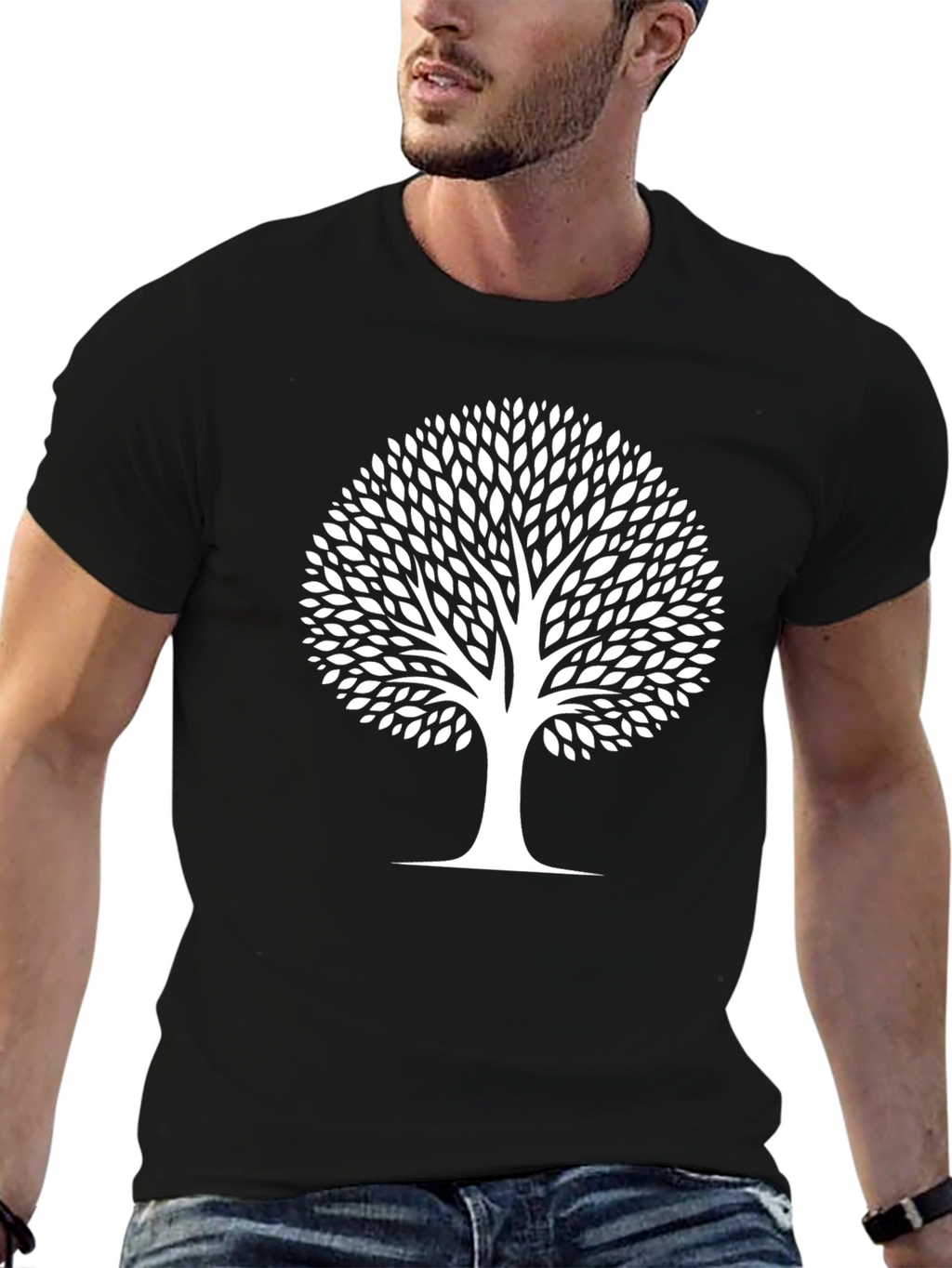 Black T-Shirt with White Tree Graphic
