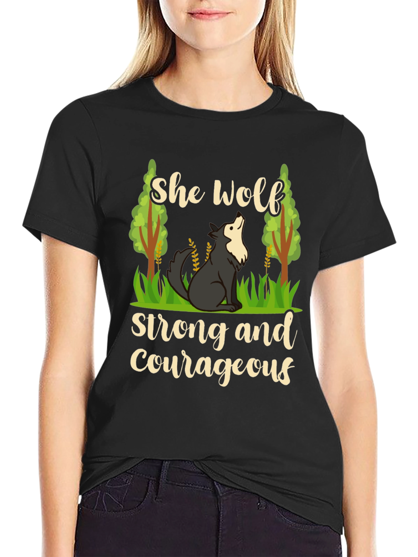 She Wolf Strong and Courageous Black T-Shirt