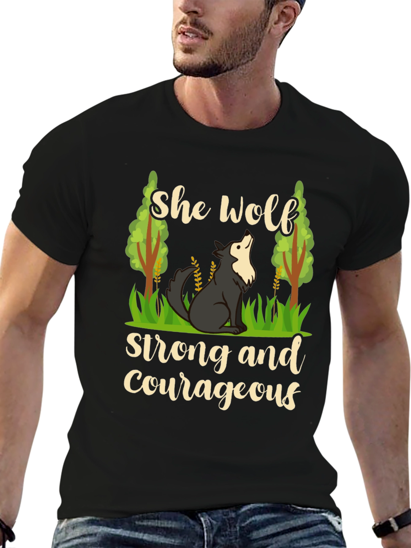 She Wolf Strong and Courageous Black T-Shirt