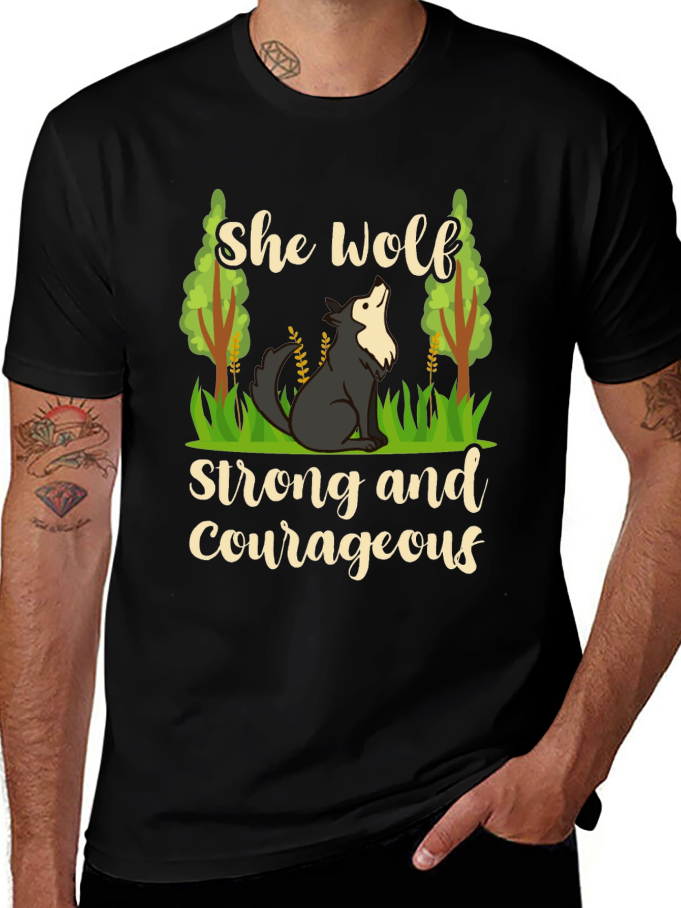 She Wolf Strong and Courageous Black T-Shirt