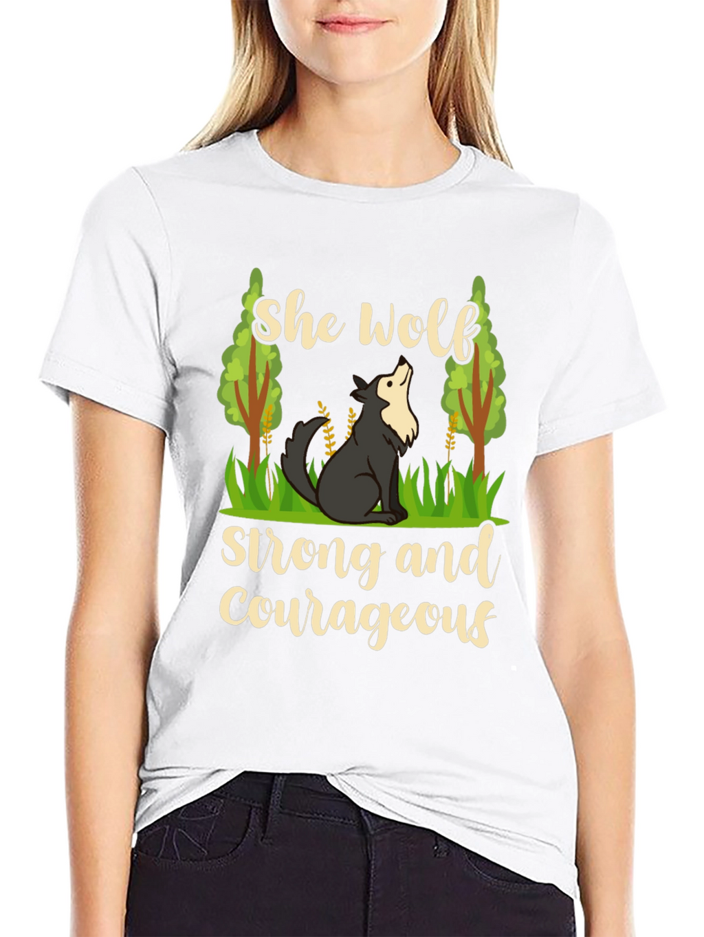 She Wolf Strong and Courageous Black T-Shirt