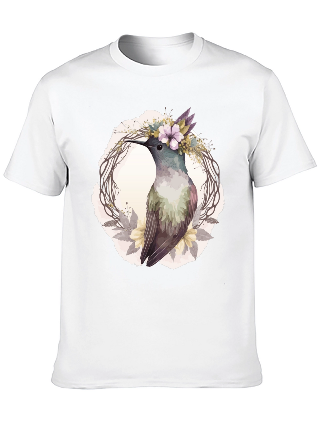 Hummingbird Floral Wreath T-Shirt - Nature Lover Tee