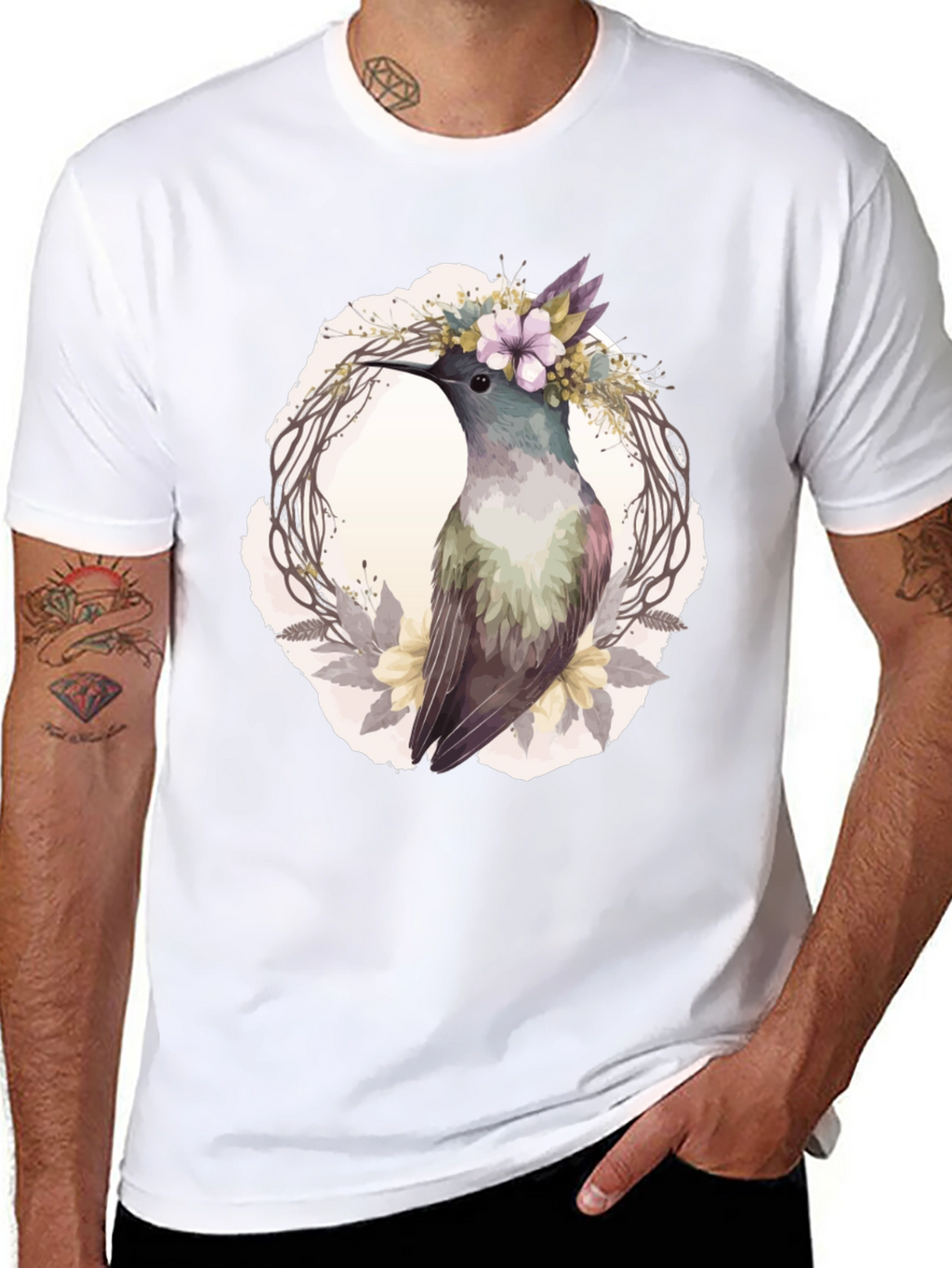 Hummingbird Floral Wreath T-Shirt - Nature Lover Tee