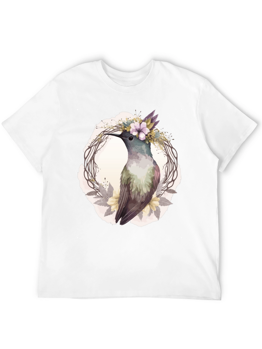 Hummingbird Floral Wreath T-Shirt - Nature Lover Tee