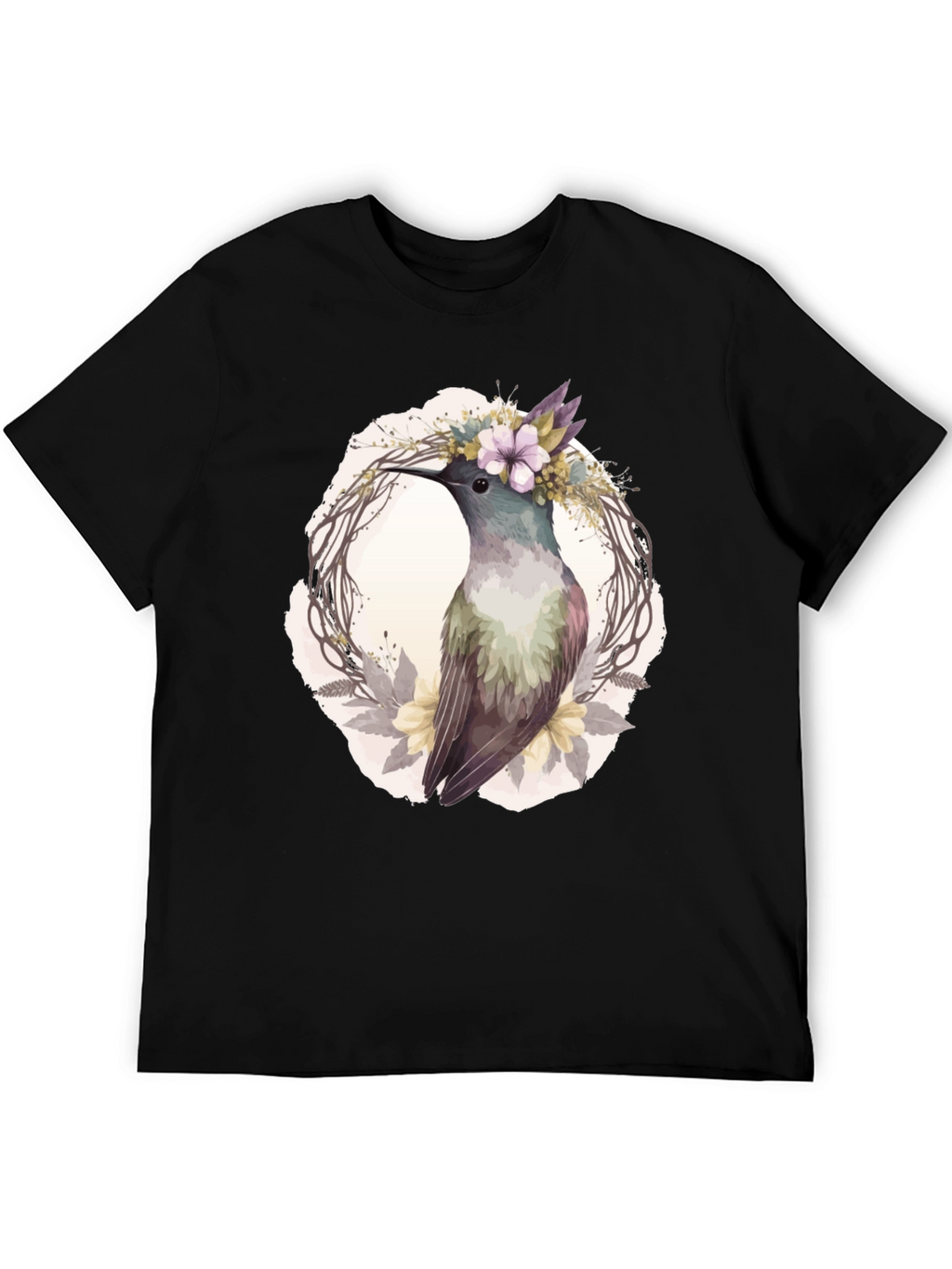 Hummingbird Floral Wreath T-Shirt - Nature Lover Tee