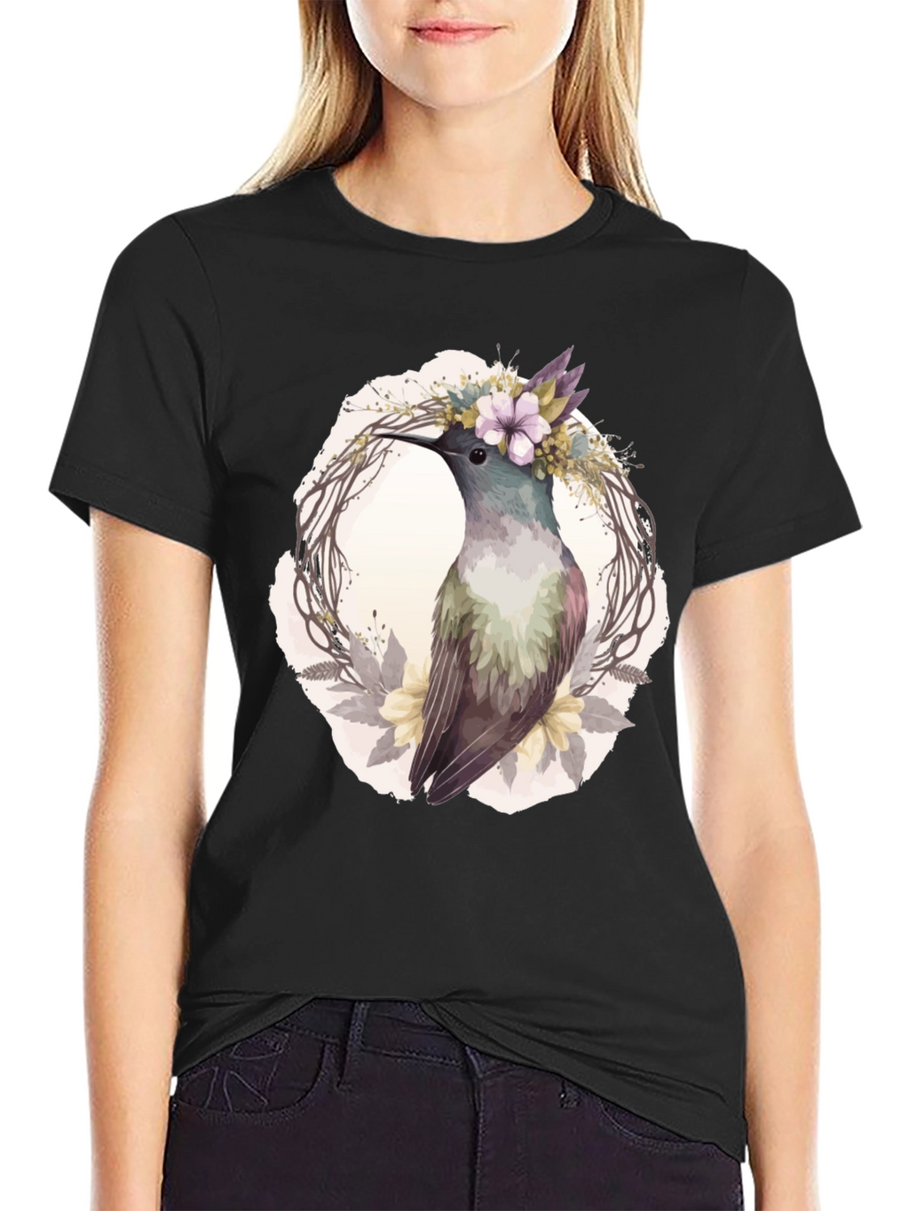 Hummingbird Floral Wreath T-Shirt - Nature Lover Tee