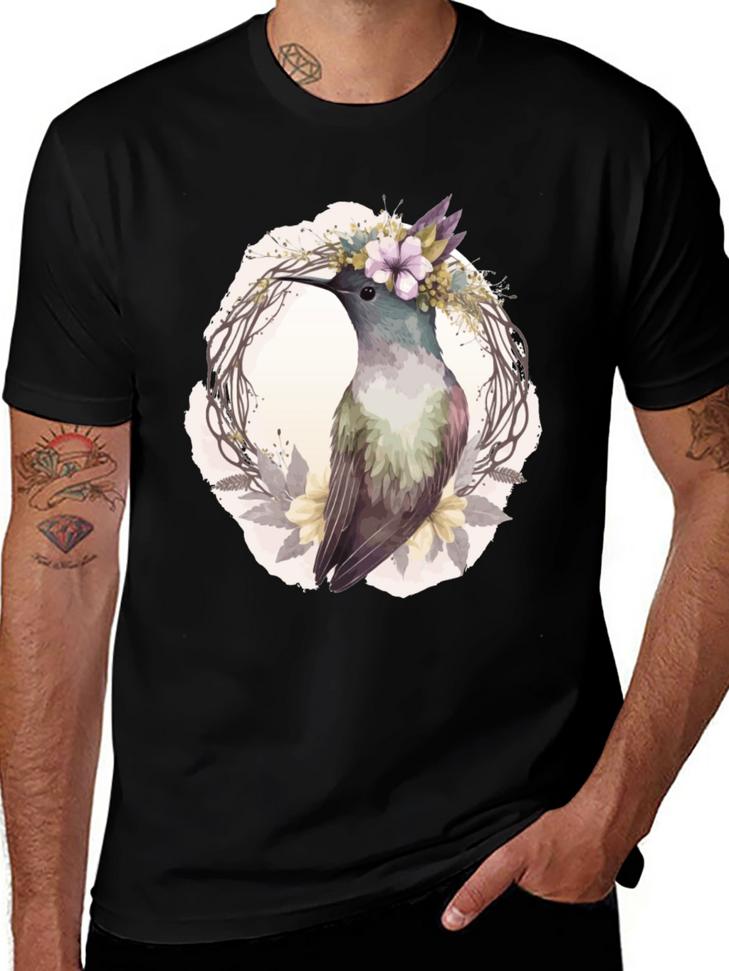 Hummingbird Floral Wreath T-Shirt - Nature Lover Tee