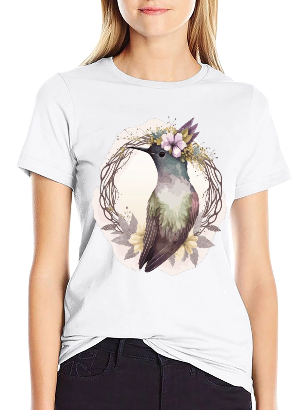 Hummingbird Floral Wreath T-Shirt - Nature Lover Tee