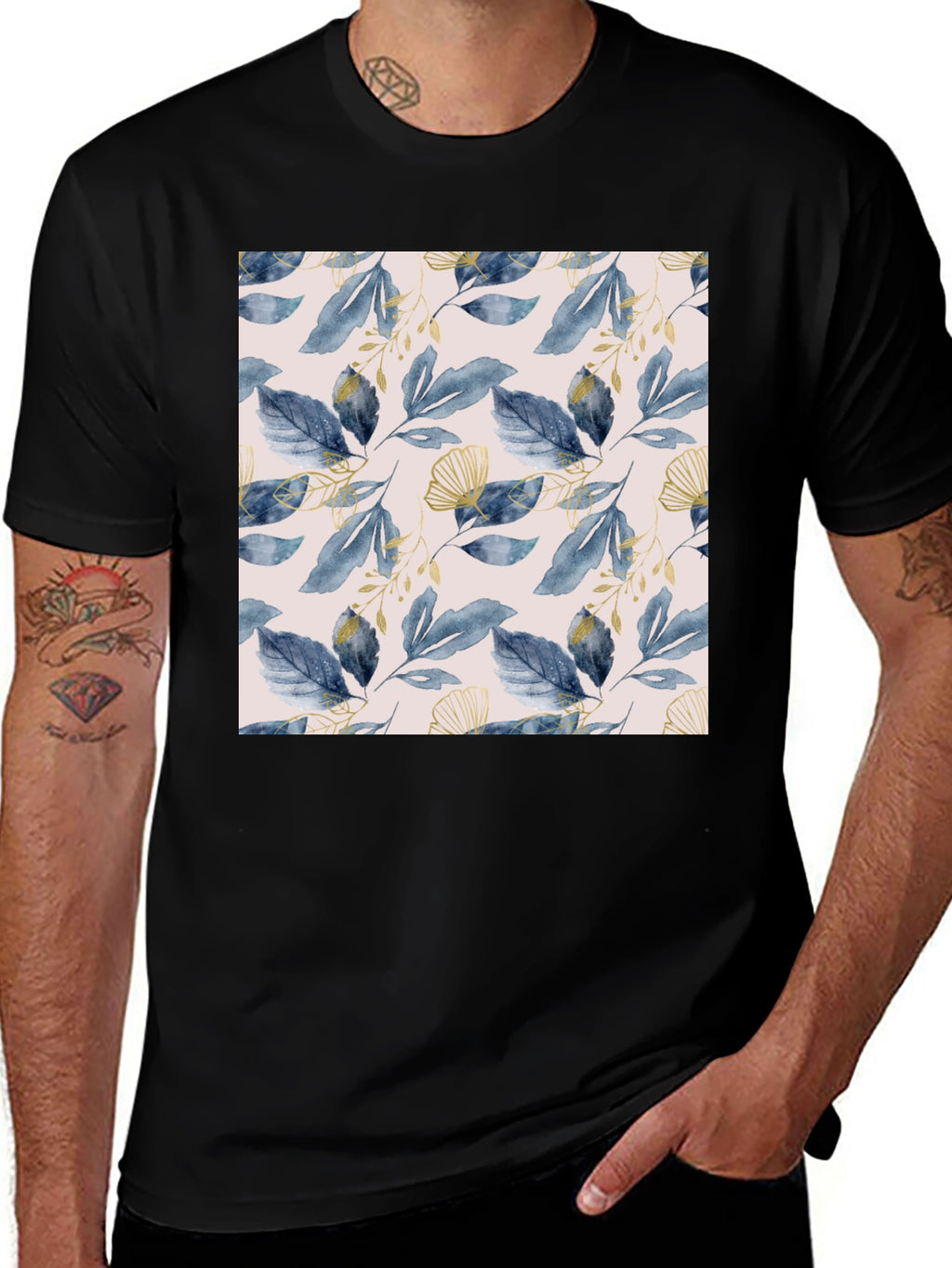 Stylish Leaf Pattern Black T-Shirt