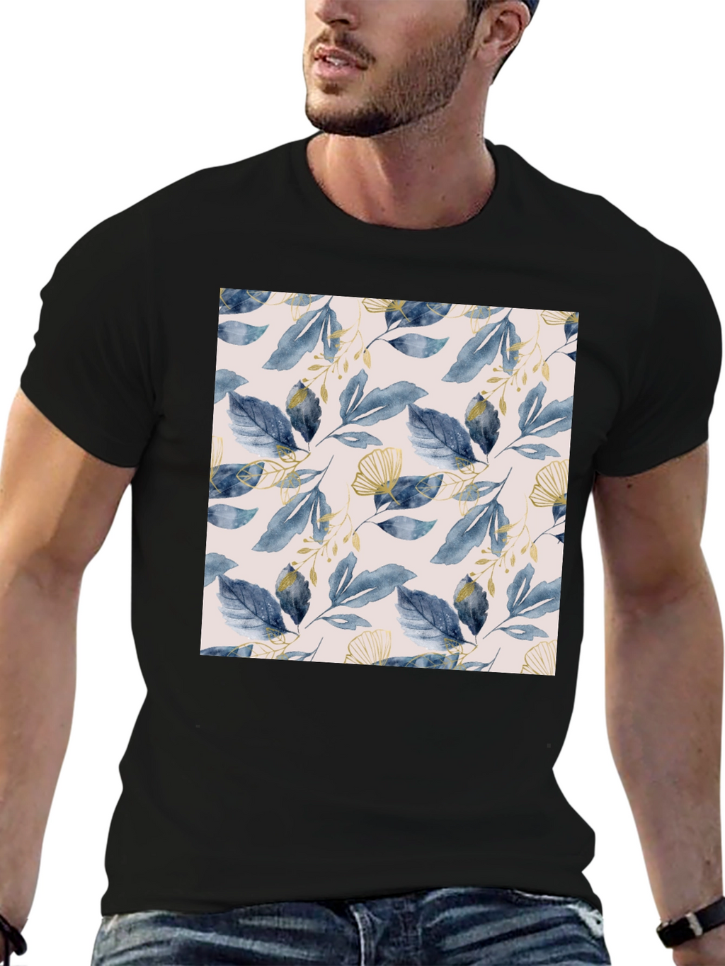 Stylish Leaf Pattern Black T-Shirt