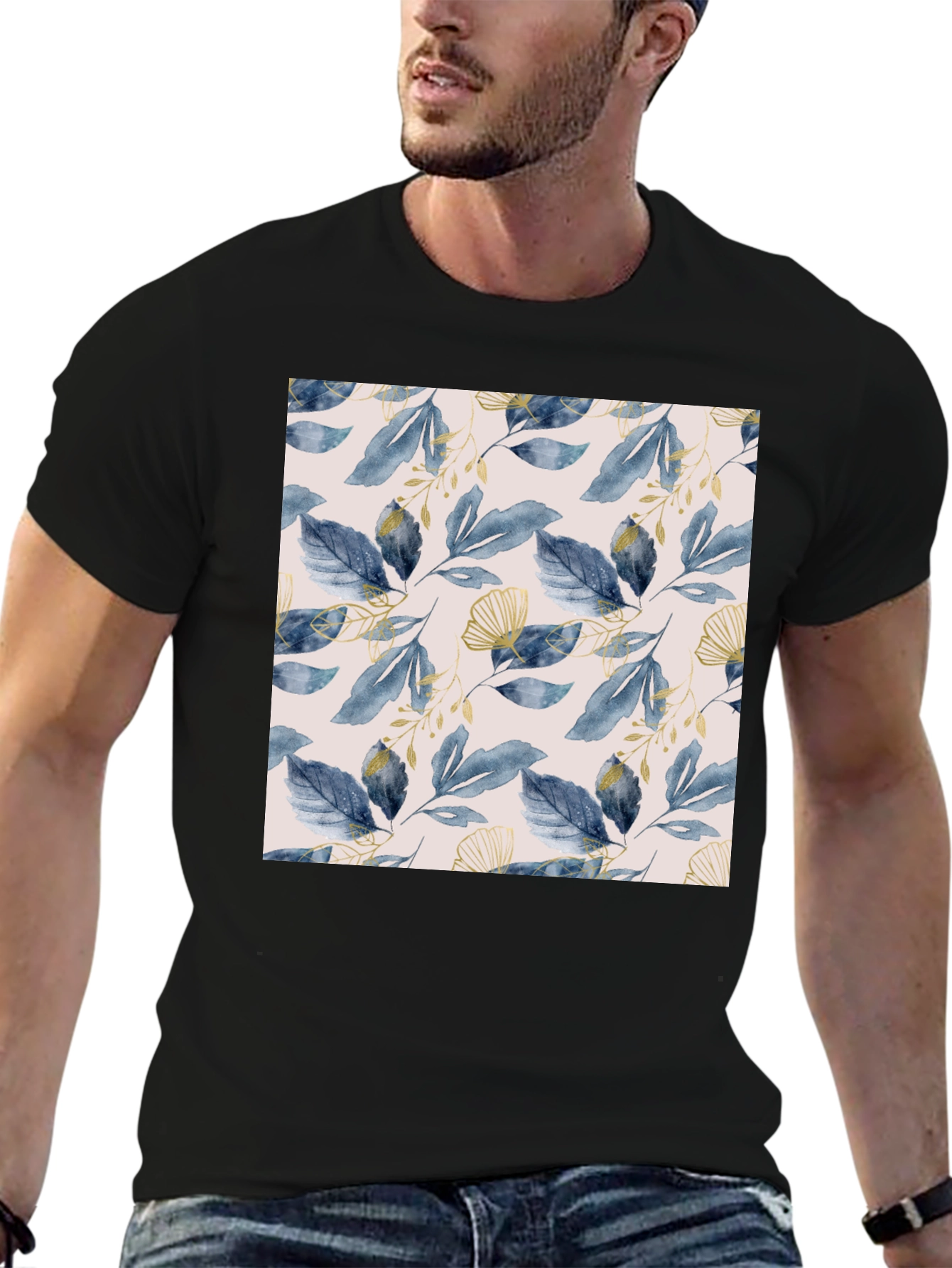 Stylish Leaf Pattern Black T-Shirt